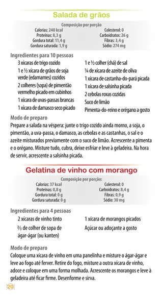 Salada de grãos
                               Composição por porção
             Calorias: 240 kcal                       Colesterol: 0
              Proteínas: 8,3 g                     Carboidratos: 26 g
            Gordura total: 11,4 g                     Fibras: 3,4 g
           Gordura saturada: 1,9 g                   Sódio: 274 mg

 Ingredientes para 10 pessoas
    3 xícaras de trigo cozido              1 e ½ colher (chá) de sal
    1 e ½ xícara de grãos de soja          ¼ de xícara de azeite de oliva
    verde (edamames) cozidos               1 xícara de castanha-do-pará picada
    2 colheres (sopa) de pimentão          1 xícara de salsinha picada
    vermelho picado em cubinhos            2 cebolas roxas cozidas
    1 xícara de uvas-passas brancas        Suco de limão
    1 xícara de damasco seco picado        Pimenta-do-reino e orégano a gosto
 Modo de preparo
 Prepare a salada na véspera: junte o trigo cozido ainda morno, a soja, o
 pimentão, a uva-passa, o damasco, as cebolas e as castanhas, o sal e o
 azeite misturados previamente com o suco de limão. Acrescente a pimenta
 e o orégano. Misture tudo, cubra, deixe esfriar e leve à geladeira. Na hora
 de servir, acrescente a salsinha picada.

         Gelatina de vinho com morango
                              Composição por porção:
              Calorias: 37 kcal                      Colesterol: 0
              Proteínas: 0,8 g                    Carboidratos: 8,4 g
             Gordura total: 0 g                      Fibras: 0,9 g
            Gordura saturada: 0 g                    Sódio: 30 mg

 Ingredientes para 4 pessoas
    2 xícaras de vinho tinto               1 xícara de morangos picados
       de colher de sopa de                Açúcar ou adoçante a gosto
    ágar-ágar (ou kanten)
 Modo de preparo
 Coloque uma xícara de vinho em uma panelinha e misture o ágar-ágar e
 leve ao fogo até ferver. Retire do fogo, misture a outra xícara de vinho,
 adoce e coloque em uma forma molhada. Acrescente os morangos e leve à
 geladeira até ficar firme. Desenforme e sirva.
20
 