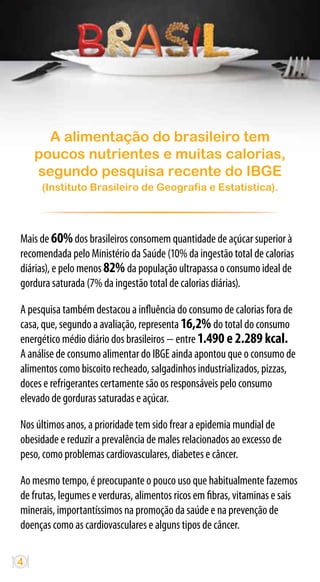 A alimentação do brasileiro tem
    poucos nutrientes e muitas calorias,
    segundo pesquisa recente do IBGE
     (Instituto Brasileiro de Geografia e Estatística).




Mais de 60% dos brasileiros consomem quantidade de açúcar superior à
recomendada pelo Ministério da Saúde (10% da ingestão total de calorias
diárias), e pelo menos 82% da população ultrapassa o consumo ideal de
gordura saturada (7% da ingestão total de calorias diárias).

A pesquisa também destacou a influência do consumo de calorias fora de
casa, que, segundo a avaliação, representa 16,2% do total do consumo
energético médio diário dos brasileiros − entre 1.490 e 2.289 kcal.
A análise de consumo alimentar do IBGE ainda apontou que o consumo de
alimentos como biscoito recheado, salgadinhos industrializados, pizzas,
doces e refrigerantes certamente são os responsáveis pelo consumo
elevado de gorduras saturadas e açúcar.

Nos últimos anos, a prioridade tem sido frear a epidemia mundial de
obesidade e reduzir a prevalência de males relacionados ao excesso de
peso, como problemas cardiovasculares, diabetes e câncer.

Ao mesmo tempo, é preocupante o pouco uso que habitualmente fazemos
de frutas, legumes e verduras, alimentos ricos em fibras, vitaminas e sais
minerais, importantíssimos na promoção da saúde e na prevenção de
doenças como as cardiovasculares e alguns tipos de câncer.

4
 