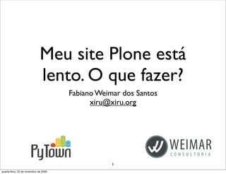 Meu site Plone está
lento. O que fazer?
Fabiano Weimar dos Santos
xiru@xiru.org
1
quarta-feira, 25 de novembro de 2009
 