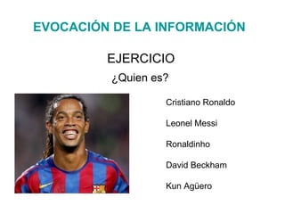 EJERCICIO
¿Quien es?
Cristiano Ronaldo
Leonel Messi
Ronaldinho
David Beckham
Kun Agüero
EVOCACIÓN DE LA INFORMACIÓN
 