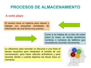 PROCESOS DE ALMACENAMIENTO
El cerebro tiene un sistema para retener y
trabajar con pequeñas cantidades de
información de una forma muy precisa…
Como si se tratase de un bloc de notas
sobre la mesa, en donde escribimos
nombres o números de teléfono que
necesitamos recordar brevemente.
Lo utilizamos para recordar un discurso o una frase el
tiempo necesario para interpretar el sentido de una
conversación, para hacer cálculos aritméticos y para
recordar dónde y cuándo dejamos las llaves hace un
momento.
A corto plazo
 