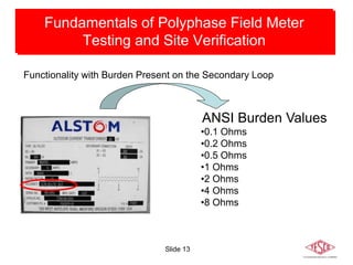 Slide 13
Fundamentals of Polyphase Field Meter
Testing and Site Verification
Functionality with Burden Present on the Secondary Loop
Fundamentals of Polyphase Field Meter
Testing and Site Verification
ANSI Burden Values
•0.1 Ohms
•0.2 Ohms
•0.5 Ohms
•1 Ohms
•2 Ohms
•4 Ohms
•8 Ohms
 