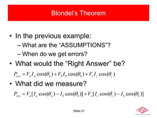 Slide 21
Blondel’s Theorem
• In the previous example:
– What are the “ASSUMPTIONS”?
– When do we get errors?
• What would the “Right Answer” be?
• What did we measure?
)cos()cos()cos( cccbbbaaasys IVIVIVP  
)]cos()cos([)]cos()cos([ bbcccbbaaasys IIVIIVP  
 