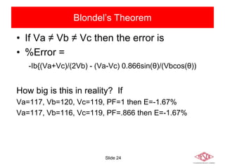 Slide 24
Blondel’s Theorem
• If Va ≠ Vb ≠ Vc then the error is
• %Error =
-Ib{(Va+Vc)/(2Vb) - (Va-Vc) 0.866sin(θ)/(Vbcos(θ))
How big is this in reality? If
Va=117, Vb=120, Vc=119, PF=1 then E=-1.67%
Va=117, Vb=116, Vc=119, PF=.866 then E=-1.67%
 