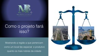Como o projeto fará
isso?
Mostrando a região a que pertencem
como um local tão especial e produtivo
quanto os mais nobres da cidade
 