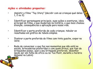 Ações e atividades propostas: Assistir o filme “Toy Story” (decidir com as crianças qual deles 1, 2 ou 3) Identificar personagens principais, suas ações e aventuras, ideia principal do filme, o que mudariam na história, o que mais chamou atenção, consequências e aplicação para nossa vida. Identificar a parte preferida de cada crianças, tabular os resultados em gráfico de tabela simples. Ilustrar a parte preferida do filme com tinta guache, expor no varal. Roda de conversas: o que faz nos momentos que não está na escola, brincadeiras preferidas e com quem brinca, que tipo de brinquedos possui, qual o seu brinquedo preferido, desenhar (pode ser em folha de ofício ou no Tux Paint, durante o horário semanal no Labin) 
