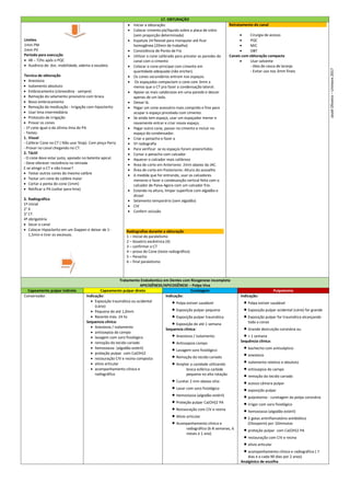 17. OBTURAÇÃO
Limites
1mm PM
2mm PV
Período para execução
 48 – 72hs após o PQC
 Ausência de: dor, mobilidade, adema e exudato
Tecnica de obturação
 Anestesia
 Isolamento absoluto
 Embrocamento (clorexidina - sempre)
 Remoção do selamento provisório com broca
 Novo embrocamento
 Remoção da medicação - Irrigação com hipoclorito
 Usar lima intermediária
 Protocolo de irrigação
 Provar os cones
- 1º cone igual o da última lima do PA
- Testes:
1. Visual
- Calibrar Cone no CT ( Não usar Stop). Com pinça Perry
- Provar no canal chegando no CT.
2. Táctil
- O cone deve estar justo, apoiado no batente apical.
- Deve oferecer resistência na retirada
E se atingir o CT e não travar?
 Testar outros cones do mesmo calibre
 Testar um cone de calibre maior
 Cortar a ponta do cone (1mm)
 Retificar o PA (voltar para lima)
3. Radiográfico
1º inicial
2° X
3° CT
4ª obrigatória
 Secar o canal
 Colocar Hipoclorito em um Dappen e deixar de 1-
1,5min e tirar os excessos.
 Iniciar a obturação:
 Colocar cimento pó/liquido sobre a placa de vidro
(sem proporção determinada)
 Espatula 24 flexivel para manipular até ficar
homogênea (20min de trabalho)
 Consistência de Ponto de Fio
 Utilizar o cone calibrado para pincelar as paredes do
canal com o cimento
 Colocar o cone principal com cimento em
quantidade adequada (não encher).
 Os cones secundários entram nos espaços.
 Os espaçados compactam o cone com 3mm a
menos que o CT pra fazer a condensação lateral.
 Apoiar os mais calobrosos em uma parede e descer
apenas de um lado.
 Deixar lá.
 Pegar um cone acessório mais comprido e fino para
ocupar o espaço pincelado com cimento.
 Se ainda tem espaço, usar um espaçador menor e
novamente entrar e criar novos espaço.
 Pegar outro cone, passar no cimento e incluir no
espaço do condensador.
 Criar o penacho e fazer a
 5º radiografia
 Para verificar se os espaços foram preenchidos
 Cortar o penacho com calcador
 Aquecer o calcador mais calibroso
 Área de corte em Anteriores: 2mm abaixo da JAC.
 Área de corte em Posteriores: Altura do assoalho
 A medida que for entrando, usar os calcadores
menores e fazer a condesanção vertical feita com o
calcador de Paiva Agora com um calcador frio.
 Estando na altura, limpar superfície com algodão e
álcool
 Selamento temporário (sem algodão)
 CIV
 Conferir oclusão
Radiografias durante a obturação
1 – Inicial do paralelismo
2 – bissetriz excêntrica (X)
3 – confirmar o CT
4 – prova do Cone (teste radiográfico)
5 – Penacho
6 – final paralelismo
Retratamento do canal
 Cirurgia de acesso
 PQC
 MIC
 OBT
Canais com obturação compacta
 Usar solvente
- óleo de casca de laranja
- Evitar uso nos 3mm finais
Tratamento Endodontico em Dentes com Rizogenese incompleta
APICIGÊNESE/APICOGÊNESE – Polpa Viva
Capeamento pulpar indireto Capeamento pulpar direto Curetagem Pulpotomia
Conservador. Indicação:
 Exposição traumática ou acidental
(cárie)
 Pequena de até 1,0mm
 Recente máx. 24 hs
Sequencia clínica:
 Anestesia / isolamento
 antissepsia do campo
 lavagem com soro fisiológico
 remoção do tecido cariado
 hemostasia- (algodão estéril)
 proteção pulpar com Ca(OH)2
 restauração CIV e resina composta
 alívio articular
 acompanhamento clínico e
radiográfico
Indicação:
 Polpa estiver saudável
 Exposição pulpar pequena
 Exposição pulpar traumática
 Exposição de até 1 semana
Sequencia clínica:
 Anestesia / isolamento
 Antissepsia campo
 Lavagem soro fisiológico
 Remoção do tecido cariado
 Ampliar a cavidade utilizando
broca esférica carbide
pequena no alta rotação
 Curetar 2 mm abaixo sítio
 Lavar com soro fisiológico
 Hemostasia-(algodão estéril)
 Proteção pulpar Ca(OH)2 PA
 Restauração com CIV e resina
 Alívio articular
 Acompanhamento clínico e
radiográfico (6-8 semanas, 6
meses e 1 ano)
Indicação:
 Polpa estiver saudável
 Exposição pulpar acidental (cárie) for grande
 Exposição pulpar for traumática alcançando
toda a coroa
 Grande destruição coronária ou
 > 1 semana
Sequência clínica:
 bochecho com antisséptico
 anestesia
 isolamento relativo e absoluto
 antissepsia do campo
 remoção do tecido cariado
 acesso câmara pulpar
 exposição pulpar
 pulpotomia - curetagem da polpa coronária
 irrigar com soro fisiológico
 hemostasia-(algodão estéril)
 2 gotas antinflamatório-antibiótico
(Otosporin) por 10minutos
 proteção pulpar com Ca(OH)2 PA
 restauração com CIV e resina
 alívio articular
 acompanhamento clínico e radiográfico ( 7
dias e a cada 90 dias por 2 anos)
Analgésico de escolha
Jasiel
Oliveira
–
Uninove
2017
 