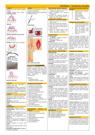 CIRURGIA – Exodontia Simples
1- DIÉRESE
Manobras que visam acesso ao objetivo
cirúrgico.
A) Incisão: Manobra para romper a
integridade tecidual.
Neumann
Neümann modificada ou Peter Novak
Envelope- incisão sulcular – interpapilar
Wassmund
Ochsenbein
Winter
Partsch ou semi lunar
B) Divulsão
manobra que visa interromper a
integridade dos tecidos.
Sindesmotomias: Romper os ligamentos
dento-gengivais, com o objetivo de expor
o colo cirúrgico do elemento dentário a ser
extraído, para a adaptação e aplicação de
força através de fórceps.
2-EXÉRESE
Manobras de remoção de tecido, lesão,
retirada de um órgão ou de parte dele.
Ostectomia: Remoção de tecido ósseo-
exérese.
Osteotomia: corte do osso
Avulsão - Retirada total ou parcial de um
órgão.
Curetagem
3-HEMOSTASIA
Tamponamento: Realizado com gaze.
Eletrogoagulação: Utiliza-se de bisturi
eletrônico.
Pinçamento: Deve-se aguardar de 8 a 10
minutos para a formação do trombo
plaquetário na luz do vaso rompido.
Ligadura: O vaso é pinçado com duas
pinças kellys.
Fibrina: é um dos fatores da coagulação e
aceleram a formação de um coágulo na
área afetada.
Esponjas: expande em contato com
fluidos
Cera: Tem como função tamponar a área
hemorrágica.
Hemostáticos de ação central: Estrógenos
- Premarin ®, Styptanon®
4-SINTESE
Manobras que reposicionam os tecidos e
os mantém estabilizados.
Suturas: reposicionamento e estabilização
dos bordos da ferida.
Ponto Simples
Ponto em X
Sutura contínua
Sutura contínua festonada
Exodontia Simples
Exodontia é denominada de simples
quando utilizamos instrumental, como
fórceps e elevadores para remoção do
dente por via alveolar sem a necessidade
de retalhos mucoperiostais, desgastes
ósseos (osteotomia) e dentários
(odontosecção).
Podem ser:
a) Exodontia Unitária
b)Exodontia Seriada ou múltiplas
Indicações gerais das exodontias
 Pacientes com cáries graves
 pacientes com necrose pulpar
 com doença periodontal grave
 por razões ortodônticas
 dentes mal posicionados
 pacientes com dentes fraturados
 dentes impactados
 presença de supranumerários
 dentes associados a lesões
 com finalidades pré-protéticas
 como terapia pré radioterapia em
pacientes oncológicos
 dentes envolvidos em traços de fratura
nos maxilares
 por finalidade estética e
 por motivos sócio econômicos.
Contra-indicações sistêmicas em
exodontias
 Diabetes não controlada
 leucemia e linfoma não controlados
 angina instável
 infarto recente
 hipertensão grave não controlada
 coagulopatia severa
 uso de anticoagulantes e
 uso de bifosfonatos
Contra-indicações locais em exodontias
 Pacientes que realizaram radioterapia
em região de cabeça e pescoço
 dentes envolvidos em tumores
odontogênicos
 pacientes com processos infecciosos
agudos tais como pericoronarites e
abscessos dento alveolares.
Indicações para as exodontias simples
 Dentes com coroas que suportem a
ação do fórceps
 coroas pouco cariadas ou restauradas
 dentes com raiz (es) curta (s) e cônica (s)
 dentes com raízes sem dilaceração ou
hipercementose
 dentes sem inserção óssea e como
auxiliar de outras técnicas que
utilizem elevadores ou osteotomia.
As etapas cirúrgicas
1) Pré-operatório:
A) Mediato – Anamnese, exames e
orientações ao paciente
B) Imediato – Preparo local
Preparo Local
Anti-sepsia iniciando com a intra-oral a
base de clorexidina 0,2% por 60 segundos
e após, a Anti-sepsia extra-oral com PVP-I
ou clorexidina a 2%. Em seguinda é feita a
colocação dos campos estéreis
(fenestrado, refletor, odontoprotetores).
Técnica cirúrgica – Exodontia simples
SINDESMOTOMIA
Desinserção das fibras gengivais que
circundam o dente, evitando dilacerar
tecido gengival e facilitar a adaptação dos
mordentes do fórceps no colo cirúrgico.
PREENSÃO
Nesta etapa o mordente do fórceps deve
estar paralelo ao longo eixo do dente.
INTRUSÃO
Com o objetivo de romper as fibras apicais
do ligamento periodontal, deslocar o
centro de rotação para apical, melhorando
a transmissão das forças e adaptação do
forceps e diminuindo a chance de fratura
do ápice radicular sendo também o início
da dilatação óssea.
LATERALIDADE
Movimento pendular ou de
LATERALIDADE sempre com maior
amplitude para a tabua óssea mais fina ou
delgada, devendo sempre respeitar a
anatomia radicular e a espessura óssea,
realizando movimentos cíclicos, graduais e
com crescente amplitude para a dilatação
(expansão) das tábuas ósseas alveolares.
ROTAÇÃO
Indicada em dentes uniradiculares e com
raíz cônica e sem dilacerações apicais
geralmente utilizamos em Incisivos
centrais superiores, Caninos superiores e
Pré-molares inferiores. Este movimento
também promoverá uma dilatação óssea e
o rompimento de fibras do ligamento
periodontal.
TRAÇÃO
Retirada do dente de seu alvéolo neste
momento realizamos a manobra cirúrgica
fundamental da Exérese ou Avulsão.
Devemos sempre tracionar a favor da
anatomia radicular, protegendo o dente
antagonista com a outra mão evitando
traumatismos desnecessários.
INSTRUMENTAL
18L – MOLAR SUP ESQUERDO
18R – MOLARES SUP DIREITO
150 – INCISIVOS, CANINOS E PRÉs SUP.
151- INCISIVOS, CANINOS E PRÉs INF.
17 – MOLARES INFERIORES
Indicações para exodontias Simples com
elevadores
 Avulsão de raízes fraturadas
 Raízes cariadas
 Raízes residuais
 Dentes apinhados
 Dentes não inclusos
 Dentes Impactados e
ectópicos.
MOVIMENTOS DOS ELEVADORES
 Cunha inserindo ele paralelo
ao longo eixo do dente entre
este e o osso alveolar
 Roda ou sarrilho onde
giramos o elevador em seu
longo eixo usando como
apoio o osso alveolar e
 Alavanca
O local de utilização do elevador é no
espaço do ligamento periodontal, não
devendo nunca apoiar no dente adjacente,
utilizando a cortical vestibular ou lingual a
nível de margem gengival como ponto de
apoio. Devemos colocar o dedo da outra
mão protegendo o paciente no caso do
elevador escapar e nunca usar o
movimento de cunha em molares
superiores.
MANOBRAS PÓS EXODONTIA
LIMAGEM - em casos de espículas ósseas,
apenas na cortical óssea vestibular, com
movimentos de dentro do alvéolo para
fora ou após alveoloplastias.
CURETAGEM: somente em casos de
processos infecciosos periapicais e
periodontais, após exodontias de dentes
tratados endodonticamente, para
remoção de capuz pericoronários de
dentes inclusos e remoção de fragmentos
ósseos como septos inter-radiculares e
espículas ósseas.
IRRIGAÇÃO: A irrigação é feita com soro
fisiológico ou água destilada.
MANOBRA DE CHOMPRET - pressão
bidigital nas tábuas ósseas vestibular e
lingual.
SUTURA – Após a sutura é colocada uma
gaze na área e solicitado para o paciente
realizar uma compressão de 5 a 10
minutos.
RECOMENDAÇÕES PÓS OPERATÓRIAS
A) Repouso: o maior tempo possível, nos
primeiros 3 dias; ao deitar, manter a
cabeça elevada; evitar atividades físicas e
exposição ao sol por 5 dias e evitar falar
muito.
B) Higiene bucal: escovar o dorso da
lingual; escovar os dentes normalmente,
tomando cuidado com a área operada e
empregar a solução anti-séptica de acordo
com a prescrição da receita.
C) Outros cuidados como se o paciente for
fumante, evitar fumar neste período; não
tomar bebidas alcoólicas de nenhuma
espécie; seguir corretamente a prescrição
da medicação; não tomar nenhum
medicamento por conta própria; No caso
de dor, edema ou sangramento excessivo,
comunicar-se com o cirurgião e
comparecer ao retorno para a remoção
dos pontos.
REMOÇÃO DOS PONTOS
A remoção dos pontos pode ser feita de 5
a 15 dias, sendo o mais comum em 7 dias.
Para a remoção é feito primeiramente a
anti-sepsia seguido do tracionamento do
fio e o corte junto ao nó para sua remoção.
Jasiel
Oliveira
–
Uninove
2017
 