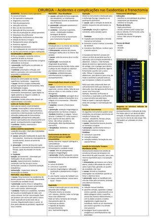 CIRURGIA – Acidentes e complicações nas Exodontias e frenectomia
ACIDENTES - Durante o trans-operatório
As causas principais:
 Pré operatório inadequado
 Diagnostico incorreto
 Falta de planejamento
 Indicação incorreta
 Mau uso de instrumentos
 Aplicação de força excessiva
 Falta de visualização do campo operatório
 Despreparo do profissional
 Radiografias insuficientes ou distorcidas
 Seleção da técnica cirúrgica
 Planejamento pouco abrangente
 Anatomia regional
 Habilidade psicomotora
 Uso inadequado de instrumental cirúrgico
 Uso do instrumental cirúrgico inadequado
ESCORIAÇÕES E ABRASÕES
Atrito ou raspagem constante contra a
superfície da pele ou mucosa
• causas: trauma dos instrumentos cirúrgicos
(afastadores ou brocas)
• prevenção: lubrificantes ou pomadas na
comissura labial
• condutas: prevenção a infecção, anti-
séptico e pomadas com corticosteróides
associadas a antibióticos
LACERAÇÕES
Solução de continuidade dos tecidos
superficiais e profundos - rasgamento
• causas: técnica cirúrgica inadequada;
seleção inapropriada de instrumentos; falta
de habilidade cirúrgica
• prevenção: retalhos adequados; evitar
movimentos intempestivos, apoio digital na
região palatina ou lingual e cuidado no
afastamento tecidual
• condutas: tecidos dilacerados devem ser
reposicionados e suturados.
Lesões de Tecidos Duros
FRATURA DO DENTE A SER EXTRAÍDO
• causas: restaurações e cáries extensas;
dilacerações; anquilose ; hipercementose;
osteotomia e odontossecção insuficiente e
utilização inadequada de instrumentos
• prevenção: planejamento adequado ;
Avaliar a permanência do remanescente (1/3
apical)- acompanhamento imaginológico
• condutas: retalho, osteotomia e
odontosecção
LESÃO A DENTES ADJACENTES
LUXAÇÃO AVULSÃO / FRATURA CORONÁRIA
e de RESTAURAÇÕES
 causas: aplicação inadequada do apoio dos
instrumentos , movimento intempestivo na
avulsão dental, excesso proximal de
restaurações
 prevenção: controle da força de tração
durante os movimentos de exodontia com
fórceps ,apoio do elevador em tecido
ósseo
 Condutas
luxação: pericementite , controlada por
medicação e Rx de controle.
avulsão: reposicionamento imediato e
contenção com fios de aço e resina
verificando a oclusão e constante avaliação
endodôntica
restauração - inspecionar restos da
restauração no alvéolo
FRATURAS : Osso Maxilar
• causas: força excessiva nas exodontias de
dentes posteriores, na área da tuberosidade
e assoalho da cavidade sinusal
• prevenção: exame clínico e radiográfico,
avaliar raíz, espessura óssea e proximidade
com o seio maxilar, odontosecção
• condutas: finaliza-se a exodontia, manobra
de Vassalva e estabilização do túber com
sutura oclusiva. Se tiver comunivação, fazer
um protetor com resina soft sobre a sutura.
Túber separado do tecido mole não se
recoloca. Regularização óssea e sutura. Se
ficar parte aderida ao periósteo, regularizar
osso e manter.
FRATURAS : Osso Mandibular
 causas: aplicação de força exagerada
dos elevadores, ou movimentos
intempestivos durante as exodontias
dos 3º Molares
 prevenção: adequada osteotomia e
Odontossecção
 condutas : comunicar o paciente,
sutura - imobilização imediata -
bandagem de Barton
e encaminhamento ao bucomaxilo
para tratamento hospitalar
Enfisema
Introdução de ar no interior dos tecidos,
atingindo os espaços fasciais
• clinicamente: aumento de volume,
crepitação ( bolhas de ar no interior dos
tecidos)
• causas: saída do excesso de ar na alta
rotação
• prevenção: manutenção da
integridade do periósteo,
posicionamento dos tecidos moles sobre
a cabeça da alta rotação ou substituir
por motores elétricos e cinzéis
• condutas: antibioticoterapia,
antiinflamatórios e analgésicos,
acompanhamento
Comunicação Buco-sinusal ou buco
nasal
• causas: exodontia dos molares
superiores, caninos retidos, falta de osso
entre as raízes e o seio maxilar e raízes
divergentes
• diagnóstico imediato: passagem de ar
pelo alvéolo, alvéolo irá borbulhar ou o
coágulo irá se movimentar – Manobra
de Valsalva
• seqüelas: sinusite e fístula buco-
sinusal
• prevenção: avaliação imaginológica e
planejamento nas técnicas cirúrgicas
Conduta Estabilizar o coágulo, Sutura
oclusiva Cuidados P.O- evitar assoar o
nariz, espirrar de boca aberta, não
fumar, não utilizar canudos na
alimentação, dieta líquida/pastosa,
morna/fria
• terapêutica- Antibiótico - evitar
sinusite
Deslocamento de dentes ou
instrumentos para as regiões
circunvizinhas
Dentes inferiores: espaços sublingual e
submandibular
Dentes superiores: espaços
infratemporal e cavidade sinusal
• causas: falta do planejamento
cirúrgico e imaginológico
• prevenção: retalho adequado e evitar
o movimento de cunha com elevadores
Condutas
 sutura do alvéolo
 comunicar o paciente
 exames imaginológicos: adequada
localização e planejamento cirúrgico -
TC 3D
 seio maxilar: acesso de Caldwell-Lucc
 espaço submandibular: acesso extra-
bucal – Risdon
Deglutição
O dente é deslocado para as vias aéreas,
passando pelo esôfago
• Paciente mostra-se ansioso,
com náuseas, vômitos, ardor na faringe,
tosse e dor abdominal.
Pode ser feita a tentativa de remoção
manualmente além de
• estimulo ao vômito
• ingestão de líquidos
•Encaminhamento
para Gastroenterologista
Aspiração
Dente ou instrumento é deslocado para
a orofaringe (faringe, traquéia ou no
parênquima pulmonar)
• causas: após a remoção do dente do
alvéolo, enquanto este permanece na
boca
• prevenção: atenção e vigilância
constante, evitar posição supina.
Condutas
 inspeção para localização e retirada
manual ou com pinças
 Estimular a tosse e realizar a manobra
de Heimlich
 manobras não efetivas: conduzir para
o pronto-socorro
A manobra de Heimlich consiste em
colocar-se atrás do paciente que fez a
aspiração, com os braços envolvendo o
abdomem , Colocar a mão fechada,
abaixo do esterno e ligeiramente acima
do umbigo, com o polegar para dentro,
contra o abdómen do paciente; Agarrar
firmemente o punho com a outra
mão; Efetuar 5 compressões
abdominais, para dentro e para cima, de
modo a aumentar a pressão torácica,
que irá expulsar o objeto em questão.
Notar que cada compressão deve ser
suficientemente forte para deslocar a
obstrução, mas não agressiva de forma a
causar uma fratura por
exemplo; Reavaliar verificando se
normalizou a respiração e verificando se
o corpo estranho saiu pela boca;
Pode-se repetir a operação algumas
vezes até conseguir a normalização das
funções.
Fratura de instrumentos
Os seguintes instrumentais podem estar
envolvidos nas principais ocorrências em
relação as fraturas dos
mesmos: elevadores, fórceps, pinças,
brocas, agulhas entre outros
• causas: movimentos bruscos durante
as manobras cirúrgicas
• prevenção: conhecimento teórico e
habilidade e vivencia cirúrgica
Condutas
 comunicar o paciente
 remoção imediata
 remoção mediata: formação de uma
cápsula fibrosa
Luxação da Articulação Temporo
Mandibular (ATM)
Deslocamento bilateral do côndilo da
eminência articular do temporal, em
decorrência da ação muscular, sem o seu
retorno espontâneo para a sua posição
original
• clinicamente: permanece com a boca
aberta, aliada á dificuldade de conter a
saliva e para falar, gerando um quadro
de ansiedade e dor local
• causas: durante as manobras
empregadas nas exodontias quando ao
forçar a abertura bucal
• prevenção: apoio na mandíbula com
uma das mãos pelo assistente, evitando
uma abertura excessiva
Condutas:
 redução manual imediata
 paciente sentado, apoiando a cabeça
contra a parede, e posicionando-se os
dedos polegares sobre a superfície
oclusal dos molares bilateralmente, e
com os dedos anulares e médios
englobando a região basal da
mandíbula, realiza-se um movimento
para baixo e guiando-o no sentido
mais posterior
 bandagem facial e prescrição de
analgésicos e antiinflamatórios não
esteroidais
Frenecromia labial/língua
Indicações:
- interfere na instrabilidade da prótese
- responsável por diastemas
- interfere na fonação
Técnica de Archer:
- duplo pinçamento
- incisão: primeiro junto a pinça que
está no rebordo. Em forma de cunha
- divulsão dos tecidos
- sutura: Não suturar em gengiva
inserida
Técnica de Mead:
- incisão
- divulsão
- sutura
MONTAGEM DA BANCADA
Desgastes na estrutura radicular de
dentes vizinhos:
acompanhamento e indicação de endo.
Pre-molar inferir é um dente de difícil
remoção. A melhor broca para evitar
esse risco é a Zecria de cabo longo. 701,
702 podem ser utilizadas em áreas
maiores.
Jasiel
Oliveira
–
Uninove
2017
 