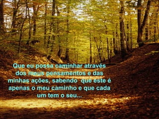 Que eu possa caminhar através
dos meus pensamentos e das
minhas ações, sabendo que este é
apenas o meu caminho e que cada
um tem o seu...
 