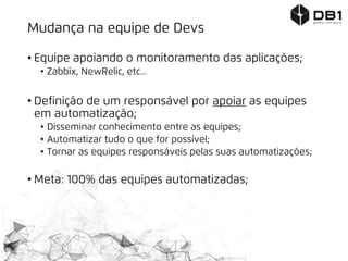Mudança na equipe de Devs
• Equipe apoiando o monitoramento das aplicações;
• Zabbix, NewRelic, etc...
• Definição de um responsável por apoiar as equipes
em automatização;
• Disseminar conhecimento entre as equipes;
• Automatizar tudo o que for possível;
• Tornar as equipes responsáveis pelas suas automatizações;
• Meta: 100% das equipes automatizadas;
 