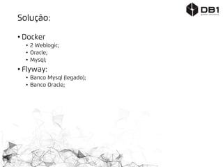 Solução:
• Docker
• 2 Weblogic;
• Oracle;
• Mysql;
• Flyway:
• Banco Mysql (legado);
• Banco Oracle;
 