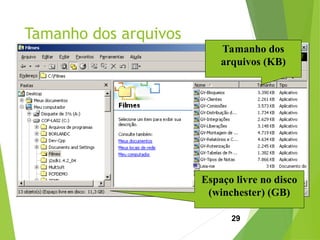 Tamanho dos arquivos
29
Tamanho dos
arquivos (KB)
Espaço livre no disco
(winchester) (GB)
 