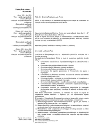 FORMAÇÃO ACADÉMICA E
                      PROFISSIONAL

             • Junho 2009 – Abril 2010
     • Nome e tipo da organização de         Pó de Ser – Encontros Terapêuticos, Lda. (Aveiro)
                   ensino ou formação
• Principais disciplinas/competências        Inscrita na Pós-Graduação em Intervenção Psicológica com Crianças e Adolescentes em
                          profissionais      Contexto Escolar, com início previsto para Junho de 2009
         • Designação da qualificação
                              atribuída
  • Classificação obtida (se aplicável)

        • Outubro 2007 – Junho 2009
     • Nome e tipo da organização de         Agrupamento de Escolas de Oliveirinha (Aveiro), com sede na Escola Básica dos 2.º e 3.º
                  ensino ou formação         Ciclos do Ensino Básico Castro Matoso – Oliveirinha
• Principais disciplinas/competências        A partir do segundo ano do curso, estagiei na mesma instituição, durante 4 semestres (até ao
                          profissionais      final do curso), no âmbito da Licenciatura em Psicopedagogia Clínica, sendo esta a unidade
                                             curricular com maior carga de trabalho (6 ECTS)
       • Designação da qualificação
                             atribuída
 • Classificação obtida (se aplicável)       Média dos 3 primeiros semestres: 17 valores (a concluir o 4.º semestre)

        • Outubro 2006 – Junho 2009
     • Nome e tipo da organização de         Universidade Lusófona do Porto
                  ensino ou formação
• Principais disciplinas/competências        Licenciatura em Psicopedagogia Clínica – 3 anos lectivos (180 ECTS), de acordo com o
                          profissionais      Processo de Bolonha.
                                             Os estudantes de Psicopedagogia Clínica, ao longo do seu percurso académico, deverão
                                             adquirir:
                                                   • Conhecimentos básicos sobre os aspectos epistemológicos das Ciências Humanas e
                                                        Sociais.
                                                   • Conhecimento dos distintos modelos teóricos da Psicologia.
                                                   • Conhecimento das leis básicas dos processos psicológicos.
                                                   • Conhecimento dos fundamentos biológicos do comportamento.
                                                   • Conhecimento dos aspectos psicossociais do funcionamento dos grupos e
                                                        organizações.
                                                   • Conhecimento dos fenómenos de âmbito educacional e formativo nas vertentes
                                                        individual, grupal e organizacional.
                                                   • Conhecimento relativo à constituição do domínio interdisciplinar da Psicopedagogia e
                                                        da especificidade dos seus modelos de intervenção.
                                                   • Conhecimento das bases teóricas e procedimentos da avaliação psicopedagógica.
                                                   • Conhecimento das distintas problemáticas que suscitam a acção do psicopedagogo e
                                                        análise dos vários contextos de intervenção.
                                                   • Conhecimento introdutório dos procedimentos metodológicos da investigação
                                                        científica e das bases estatísticas e informáticas de aplicação às ciências sociais e
                                                        humanas.
                                             Além destes conhecimentos fundamentais, os estudantes irão adquirir um conjunto de
                                             competências carácter transversal e específico, que irão operacionalizar aqueles
                                             conhecimentos.
                                             O licenciado em Psicopedagogia Clínica possui conhecimentos fundamentais sobre os modelos
                                             teórico-práticos mais relevantes para a intervenção psicopedagógica, nomeadamente:
                                              1) Modelo ecológico-sistémico dos comportamentos individuais e grupais, que possibilita a
                                                  determinação das transacções inter e intra sistémicas;
                                              2) Modelo construtivista e interaccionista do conhecimento e do desenvolvimento, que atribui
                                                  ao sujeito um papel activo na construção das aprendizagens;
                                              3) Modelo dinâmico-social, que preconiza uma concepção de mudança ancorada na análise
                                                  das potencialidades dos próprios sujeitos;
                                              4) Modelo humanista e personalista, que assenta no reconhecimento da especificidade de
                                                  toda a pessoa humana e na qualidade relacional das interacções que visam mudança
                                                  psicológica.
            Página 2 - Curriculum vitae de   Para mais informações consulte
             DE BRITO GARCIA, Claudia        www.cedefop.eu.int/transparency
                                             www.europa.eu.int/comm/education/index_en.html
                                             www.eurescv-search.com
 