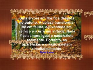 Uma árvore em flor fica despida no outono. A beleza transforma-se em feiúra, a juventude em velhice e o erro em virtude. Nada fica sempre igual e nada existe realmente. Portanto, as aparências e o vazio existem simultaneamente. Dalai Lama 