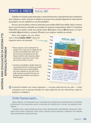 Então ficamos assim...
Neste capítulo, você aprendeu que a qualidade das relações que estabelecemos no ambiente
profissional é tão importante quanto a execução do trabalho em si, afinal, são aspectos inter-
ligados.
Também teve a oportunidade de pensar sobre determinação, estabilidade, hierarquia e dife-
rença entre chefia e liderança. Pôde, ainda, analisar pontos positivos e negativos nas relações
tanto profissionais quanto pessoais.
! É possível também criar vários esquemas — um para cada área de sua vida — e fazer
a pesquisa com as pessoas listadas em cada segmento de sua networking, criada no
Capítulo 4, Unidade 3.
PONTO A PONTO
Trabalhar em equipe exige disposição e autoconhecimento, especialmente para estabelecer
boas relações e, assim, alcançar os objetivos do grupo. Essa atuação depende de vários fatores
que podem nos dar equilíbrio ou nos desestabilizar.
Por isso, você vai aplicar a técnica conhecida como Análise SWOT para refletir sobre si mesmo.
Esta é uma ferramenta, atribuída ao consultor de negócios estadunidense Albert S. Humphrey
(1926-2005), que ajuda a medir seus pontos fortes (Strengths) e fracos (Weaknesses), e as opor-
tunidades (Opportunities) e ameaças (Threats) a seu negócio, trabalho ou estudo.
Análise SWOT
• Nesse esquema, você vai preencher os
espaços com a visão que os colegas de sala
de aula ou de trabalho têm sobre você.
Para isso, faça uma pesquisa com eles.
Depois, desenhe outro esquema, abaixo
do primeiro, e preencha-o com a visão
que você tem sobre si mesmo.
• Compare os resultados e analise: Quais são
seus pontos fortes? E os pontos que precisa
melhorar? Quais são as oportunidades
que estão surgindo em sua vida? O que
pode ameaçar seus planos? Escreva um
parágrafo apresentando essas ideias ao
final da página.
Abra uma página em seu diário
com o título Análise SWOT e faça um
esquema como o do exemplo.
É possível também criar vários esquemas — um para cada área de sua vida — e fazer
Sei que meu ponto forte é a comunicação e que
tenho dificuldade de aceitar críticas, como
foi apontado pelos colegas. Também acredito
que devo trabalhar com o público. Preciso
realmente melhorar minha concentração e o
fato de não cumprir horário.
Análise SWOT
PONTO DE VISTA DOS COLEGAS
FORÇAS
Determinação;
expressa-se com
facilidade.
FRAQUEZAS
Não é pontual; não
aceita críticas.
OPORTUNIDADES
Trabalhar em
grupos; trabalhar
com comunicação.
AMEAÇAS
Não estuda
sozinho; não se
concentra.
MEU PONTO DE VISTA
FORÇAS
Boa comunicação.
FRAQUEZAS
Eu me desconcentro ao
pesquisar na internet.
OPORTUNIDADES
Trabalhar com o
público.
AMEAÇAS
Não consigo cumprir
horários.
181
CAPÍTULO 7
Esta atividade pode ser desenvolvida em casa.
PDF2-PRO-6047-UN3-C7-176-181-LA-PNLD21.indd 181 21/02/20 19:43
 