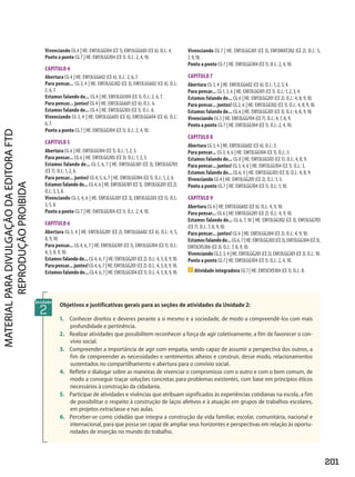 201
Vivenciando CG 4 | HE: EM13LGG104 (CE 1), EM13LGG603 (CE 6). O.J.: 4.
Ponto a ponto CG 7 | HE: EM13LGG104 (CE 1). O.J.: 2, 4, 10.
CAPÍTULO 4
Abertura CG 4 | HE: EM13LGG602 (CE 6). O.J.: 2, 6, 7.
Para pensar... CG 3, 4 | HE: EM13LGG302 (CE 3), EM13LGG602 (CE 6). O.J.:
2, 6, 7.
Estamos falando de... CG 4 | HE: EM13LGG104 (CE 1). O.J.: 2, 6, 7.
Para pensar... juntos! CG 4 | HE: EM13LGG601 (CE 6). O.J.: 6.
Estamos falando de... CG 4 | HE: EM13LGG103 (CE 1). O.J.: 6.
Vivenciando CG 3, 4 | HE: EM13LGG603 (CE 6), EM13LGG604 (CE 6). O.J.:
6, 7.
Ponto a ponto CG 7 | HE: EM13LGG104 (CE 1). O.J.: 2, 4, 10.
CAPÍTULO 5
Abertura CG 6 | HE: EM13LGG104 (CE 1). O.J.: 1, 2, 3.
Para pensar... CG 6 | HE: EM13LGG305 (CE 3). O.J.: 1, 2, 3.
Estamos falando de... CG 5, 6, 7 | HE: EM13LGG301 (CE 3), EM13LGG703
(CE 7). O.J.: 1, 2, 6.
Para pensar... juntos! CG 4, 5, 6, 7 | HE: EM13LGG104 (CE 1). O.J.: 1, 2, 6.
Estamosfalandode... CG 4, 6 |HE:EM13LGG101(CE1), EM13LGG201(CE2).
O.J.: 3, 5, 8.
Vivenciando CG 3, 4, 6 | HE: EM13LGG301 (CE 3), EM13LGG503 (CE 5). O.J.:
3, 5, 8.
Ponto a ponto CG 7 | HE: EM13LGG104 (CE 1). O.J.: 2, 4, 10.
CAPÍTULO 6
Abertura CG 3, 4 | HE: EM13LGG201 (CE 2), EM13LGG602 (CE 6). O.J.: 4, 5,
8, 9, 10.
Para pensar... CG 4, 6, 7 | HE: EM13LGG101 (CE 1), EM13LGG104 (CE 1). O.J.:
4, 5, 8, 9, 10.
Estamos falando de... CG 4, 6, 7 | HE: EM13LGG201 (CE 2). O.J.: 4, 5, 8, 9, 10.
Parapensar...juntos!CG4,6,7 |HE:EM13LGG201(CE2).O.J.:4,5,8,9,10.
Estamosfalandode...CG4,6,7 |HE:EM13LGG104(CE1).O.J.:4,5,8,9,10.
Vivenciando CG 7 | HE: EM13LGG301 (CE 3), EM13MAT202 (CE 2). O.J.: 5,
7, 9, 10.
Ponto a ponto CG 7 | HE: EM13LGG104 (CE 1). O.J.: 2, 4, 10.
CAPÍTULO 7
Abertura CG 3, 4 | HE: EM13LGG602 (CE 6). O.J.: 1, 2, 3, 4.
Para pensar... CG 1, 3, 6 | HE: EM13LGG101 (CE 1). O.J.: 1, 2, 3, 4.
Estamos falando de... CG 6 | HE: EM13LGG201 (CE 2). O.J.: 4, 8, 9, 10.
Para pensar... juntos! CG 2, 6 | HE: EM13LGG102 (CE 1). O.J.: 4, 8, 9, 10.
Estamos falando de... CG 6 | HE: EM13LGG301 (CE 3). O.J.: 4, 8, 9, 10.
Vivenciando CG 5 | HE: EM13LGG704 (CE 7). O.J.: 4, 7, 8, 9.
Ponto a ponto CG 7 | HE: EM13LGG104 (CE 1). O.J.: 2, 4, 10.
CAPÍTULO 8
Abertura CG 3, 4 | HE: EM13LGG602 (CE 6). O.J.: 3.
Para pensar... CG 3, 4, 6 | HE: EM13LGG104 (CE 1). O.J.: 3.
Estamos falando de... CG 8 | HE: EM13LGG503 (CE 5). O.J.: 4, 8, 9.
Para pensar... juntos! CG 3, 4, 6 | HE: EM13LGG104 (CE 1). O.J.: 3.
Estamos falando de... CG 6, 9 | HE: EM13LGG303 (CE 3). O.J.: 4, 8, 9.
Vivenciando CG 4 | HE: EM13LGG201 (CE 2). O.J.: 1, 3.
Ponto a ponto CG 7 | HE: EM13LGG104 (CE 1). O.J.: 1, 10.
CAPÍTULO 9
Abertura CG 6 | HE: EM13LGG602 (CE 6). O.J.: 4, 9, 10.
Para pensar... CG 6 | HE: EM13LGG201 (CE 2). O.J.: 4, 9, 10.
Estamos falando de... CG 6, 7, 10 | HE: EM13LGG302 (CE 3), EM13LGG703
(CE 7). O.J.: 7, 8, 9, 10.
Para pensar... juntos! CG 6 | HE: EM13LGG304 (CE 3). O.J.: 4, 9, 10.
Estamosfalandode...CG6,7 |HE:EM13LGG303(CE3),EM13LGG304(CE3),
EM13CHS306 (CE 3). O.J.: 7, 8, 9, 10.
VivenciandoCG2,3,4 |HE:EM13LGG201(CE2),EM13LGG301(CE3).O.J.:10.
Ponto a ponto CG 7 | HE: EM13LGG104 (CE 1). O.J.: 2, 4, 10.
 Atividade integradora CG 7 | HE: EM13CHS104 (CE 1). O.J.: 8.
Unidade
2
1. Conhecer direitos e deveres perante a si mesmo e a sociedade, de modo a compreendê-los com mais
profundidade e pertinência.
2. Realizar atividades que possibilitem reconhecer a força de agir coletivamente, a fim de favorecer o con-
vívio social.
3. Compreender a importância de agir com empatia, sendo capaz de assumir a perspectiva dos outros, a
fim de compreender as necessidades e sentimentos alheios e construir, desse modo, relacionamentos
sustentados no compartilhamento e abertura para o convívio social.
4. Refletir e dialogar sobre as maneiras de vivenciar o compromisso com o outro e com o bem comum, de
modo a conseguir traçar soluções concretas para problemas existentes, com base em princípios éticos
necessários à construção da cidadania.
5. Participar de atividades e vivências que atribuam significados às experiências cotidianas na escola, a fim
de possibilitar o respeito à construção de laços afetivos e à atuação em grupos de trabalhos escolares,
em projetos extraclasse e nas aulas.
6. Perceber-se como cidadão que integra a construção da vida familiar, escolar, comunitária, nacional e
internacional, para que possa ser capaz de ampliar seus horizontes e perspectivas em relação às oportu-
nidades de inserção no mundo do trabalho.
Objetivos e justificativas gerais para as seções de atividades da Unidade 2:
PDF_Finais_Obra novaPNLD_21.indd 201 2/27/20 2:46 PM
 