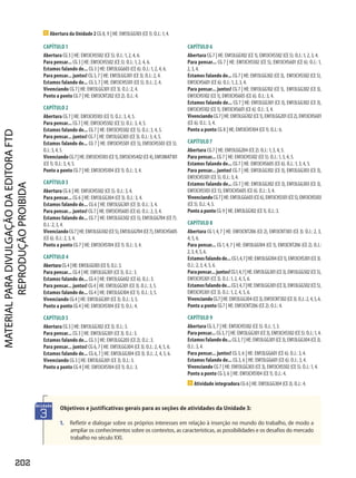 202
CAPÍTULO 1
Abertura CG 3 | HE: EM13CH5502 (CE 5). O.J.: 1, 2, 4, 6.
Para pensar... CG 3 | HE: EM13CHS502 (CE 5). O.J.: 1, 2, 4, 6.
Estamos falando de... CG 3 | HE: EM13LGG603 (CE 6). O.J.: 1, 2, 4, 6.
Para pensar... juntos! CG 3, 7 | HE: EM13LGG301 (CE 3). O.J.: 2, 4.
Estamos falando de... CG 3, 7 | HE: EM13CHS501 (CE 5). O.J.: 2, 4.
Vivenciando CG 7 | HE: EM13LGG301 (CE 3). O.J.: 2, 4.
Ponto a ponto CG 7 | HE: EM13CNT202 (CE 2). O.J.: 4.
CAPÍTULO 2
Abertura CG 7 | HE: EM13CHS103 (CE 1). O.J.: 3, 4, 5.
Para pensar... CG 7 | HE: EM13CHS502 (CE 5). O.J.: 3, 4, 5.
Estamos falando de... CG 7 | HE: EM13CHS502 (CE 5). O.J.: 3, 4, 5.
Para pensar... juntos! CG 7 | HE: EM13LGG303 (CE 3). O.J.: 3, 4, 5.
Estamos falando de... CG 7 | HE: EM13CHS501 (CE 5), EM13CHS503 (CE 5).
O.J.: 3, 4, 5.
VivenciandoCG7 |HE:EM13CHS103(CE1),EM13CHS402(CE4),EM13MAT101
(CE 1). O.J.: 3, 4, 5.
Ponto a ponto CG 7 | HE: EM13CHS104 (CE 1). O.J.: 3, 4.
CAPÍTULO 3
Abertura CG 6 | HE: EM13CHS502 (CE 5). O.J.: 3, 4.
Para pensar... CG 6 | HE: EM13LGG304 (CE 3). O.J.: 3, 4.
Estamos falando de... CG 6 | HE: EM13LGG301 (CE 3). O.J.: 3, 4.
Para pensar... juntos! CG 7 | HE: EM13CHS605 (CE 6). O.J.: 2, 3, 4.
Estamos falando de... CG 7 | HE: EM13LGG502 (CE 5), EM13LGG704 (CE 7).
O.J.: 2, 3, 4.
VivenciandoCG7 |HE:EM13LGG502(CE5),EM13LGG704(CE7),EM13CHS605
(CE 6). O.J.: 2, 3, 4.
Ponto a ponto CG 7 | HE: EM13CHS104 (CE 1). O.J.: 3, 4.
CAPÍTULO 4
AberturaCG4 |HE:EM13LGG103(CE1).O.J.:3.
Para pensar... CG4 | HE: EM13LGG301 (CE 3). O.J.: 3.
Estamos falando de... CG4 | HE: EM13LGG602 (CE 6). O.J.: 3.
Para pensar... juntos! CG4 | HE: EM13LGG301 (CE 3). O.J.: 3, 5.
Estamos falando de... CG4 | HE: EM13LGG104 (CE 1). O.J.: 3, 5.
Vivenciando CG4 | HE: EM13LGG301 (CE 3). O.J.: 3, 5.
Ponto a ponto CG4 | HE: EM13CHS104 (CE 1). O.J.: 4.
CAPÍTULO 5
Abertura CG 3 | HE: EM13LGG302 (CE 3). O.J.: 3.
Para pensar... CG 3 | HE: EM13LGG301 (CE 3). O.J.: 3.
Estamos falando de... CG 3 | HE: EM13LGG203 (CE 2). O.J.: 3.
Para pensar... juntos! CG 6, 7 | HE: EM13LGG304 (CE 3). O.J.: 2, 4, 5, 6.
Estamos falando de... CG 6, 7 | HE: EM13LGG304 (CE 3). O.J.: 2, 4, 5, 6.
Vivenciando CG 3 | HE: EM13LGG301 (CE 3). O.J.: 3.
Ponto a ponto CG 4 | HE: EM13CHS104 (CE 1). O.J.: 3.
CAPÍTULO 6
Abertura CG 7 | HE: EM13LGG102 (CE 1), EM13CHS502 (CE 5). O.J.: 1, 2, 3, 4.
Para pensar... CG 7 | HE: EM13CHS502 (CE 5), EM13CHS601 (CE 6). O.J.: 1,
2, 3, 4.
Estamos falando de... CG 7 | HE: EM13LGG302 (CE 3), EM13CHS502 (CE 5),
EM13CHS601 (CE 6). O.J.: 1, 2, 3, 4.
Para pensar... juntos! CG 7 | HE: EM13LGG102 (CE 1), EM13LGG302 (CE 3),
EM13CHS102 (CE 1), EM13CHS605 (CE 6). O.J.: 3, 4.
Estamos falando de... CG 7 | HE: EM13LGG301 (CE 3), EM13LGG302 (CE 3),
EM13CHS102 (CE 1), EM13CHS601 (CE 6). O.J.: 3, 4.
VivenciandoCG7 |HE:EM13LGG102(CE1),EM13LGG201(CE2),EM13CHS601
(CE 6). O.J.: 3, 4.
Ponto a ponto CG 8 | HE: EM13CHS104 (CE 1). O.J.: 6.
CAPÍTULO 7
Abertura CG 7 | HE: EM13LGG204 (CE 2). O.J.: 1, 3, 4, 5.
Para pensar... CG 7 | HE: EM13CHS502 (CE 5). O.J.: 1, 3, 4, 5.
Estamos falando de... CG 7 | HE: EM13CHS605 (CE 6). O.J.: 1, 3, 4, 5.
Para pensar... juntos! CG 7 | HE: EM13LGG302 (CE 3), EM13LGG303 (CE 3),
EM13CHS501 (CE 5). O.J.: 3, 4.
Estamos falando de... CG 7 | HE: EM13LGG302 (CE 3), EM13LGG303 (CE 3),
EM13CHS503 (CE 5), EM13CHS605 (CE 6). O.J.: 3, 4.
VivenciandoCG7 |HE:EM13LGG603(CE6),EM13CHS501(CE5),EM13CHS503
(CE 5). O.J.: 4, 5.
Ponto a ponto CG 9 | HE: EM13LGG102 (CE 1). O.J.: 3.
CAPÍTULO 8
Abertura CG 1, 4, 7 | HE: EM13CNT206 (CE 2), EM13CNT303 (CE 3). O.J.: 2, 3,
4, 5, 6.
Para pensar... CG 1, 4, 7 | HE: EM13LGG104 (CE 1), EM13CNT206 (CE 2). O.J.:
2, 3, 4, 5, 6.
Estamosfalandode...CG1,4,7|HE:EM13LGG104(CE1),EM13CHS301(CE3).
O.J.: 2, 3, 4, 5, 6.
Parapensar...juntos!CG1,4,7|HE:EM13LGG301(CE3),EM13LGG502(CE5),
EM13CHS301 (CE 3). O.J.: 1, 2, 4, 5, 6.
Estamosfalandode...CG1,4,7|HE:EM13LGG301(CE3),EM13LGG502(CE5),
EM13CHS301 (CE 3). O.J.: 1, 2, 4, 5, 6.
VivenciandoCG7|HE:EM13LGG304(CE3),EM13CNT302(CE3).O.J.:2,4,5,6.
Ponto a ponto CG7 | HE: EM13CNT206 (CE 2). O.J.: 4.
CAPÍTULO 9
Abertura CG 3, 7 | HE: EM13CHS502 (CE 5). O.J.: 1, 3.
Parapensar...CG3,7 |HE:EM13LGG301(CE3),EM13CHS502(CE5).O.J.:1,4.
Estamosfalandode...CG3,7 |HE:EM13LGG301(CE3),EM13LGG304(CE3).
O.J.: 3, 4.
Para pensar... juntos! CG 3, 6 | HE: EM13LGG601 (CE 6). O.J.: 3, 4.
Estamos falando de... CG 3, 6 | HE: EM13LGG601 (CE 6). O.J.: 3, 4.
Vivenciando CG 7 | HE: EM13LGG303 (CE 3), EM13CHS502 (CE 5). O.J.: 1, 4.
Ponto a ponto CG 3, 6 | HE: EM13CHS104 (CE 1). O.J.: 4.
 Atividade integradora CG 6 | HE: EM13LGG304 (CE 3). O.J.: 4.
Unidade
3
1. Refletir e dialogar sobre os próprios interesses em relação à inserção no mundo do trabalho, de modo a
ampliar os conhecimentos sobre os contextos, as características, as possibilidades e os desafios do mercado
trabalho no século XXI.
Objetivos e justificativas gerais para as seções de atividades da Unidade 3:
 Abertura da Unidade 2 CG 8, 9 | HE: EM13LGG103 (CE 1). O.J.: 1, 4.
PDF_Finais_Obra novaPNLD_21.indd 202 2/27/20 2:46 PM
 