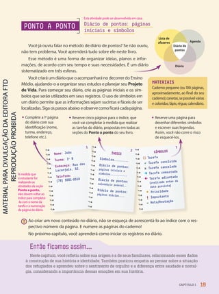 Então ficamos assim...
Neste capítulo, você refletiu sobre sua origem e a de seus familiares, relacionando esses dados
à construção de sua história e identidade. Também praticou empatia ao pensar sobre a situação
dos refugiados e aprendeu sobre o sentimento de orgulho e a diferença entre saudade e nostal-
gia, considerando a importância dessas emoções em sua história.
Lista de
afazeres Agenda
Diário
Diário de
pontos
• Complete a 1a
página
do diário com sua
identificação (nome,
turma, endereço,
telefone etc.).
• Reserve cinco páginas para o índice, que
você vai completar à medida que realizar
as tarefas do diário, propostas em todas as
seções do Ponto a ponto do seu livro.
• Reserve uma página para
desenhar diferentes símbolos
e escrever suas legendas.
Assim, você não corre o risco
de esquecê-los.
Nome: João
Turma: 1o B
Endereço: Rua dos
Laranjais, 52.
Telefone:
(79) 5001-0510
ÍNDICE
Símbolos.
.
.
.
.
.
.
.
.
.
.
Diário de pontos:
páginas iniciais e
símbolos.
.
.
.
.
.
.
.
.
.
.
.
.
Diário de pontos:
calendário pessoal.
.
Diário de pontos:
páginas diárias.....
SÍMBOLOS
Tarefa
 Tarefa concluída
x Tarefa cancelada
Tarefa remarcada
Tarefa adiantada
(realizada antes da
data prevista)
* Prioridade
! Importante
– Nota/Anotação
PONTO A PONTO
Você já ouviu falar no método de diário de pontos? Se não ouviu,
não tem problema. Você aprenderá tudo sobre ele neste livro.
Esse método é uma forma de organizar ideias, planos e infor-
mações, de acordo com seu tempo e suas necessidades. É um diário
sistematizado em três esferas.
Você criará um diário que o acompanhará no decorrer do Ensino
Médio, ajudando-o a organizar seus estudos e planejar seu Projeto
de Vida. Para começar seu diário, crie as páginas iniciais e os sím-
bolos que serão utilizados em seus registros. O uso de símbolos em
um diário permite que as informações sejam sucintas e fáceis de ser
localizadas. Siga os passos abaixo e observe como ficará cada página.
Diário de pontos: páginas
iniciais e símbolos
Ao criar um novo conteúdo no diário, não se esqueça de acrescentá-lo ao índice com o res-
pectivo número da página. E numere as páginas do caderno!
No próximo capítulo, você aprenderá como iniciar os registros no diário.
!
MATERIAIS
Caderno pequeno (ou 100 páginas,
aproximadamente, ao final do seu
caderno);canetas,sepossívelvárias
e coloridas; lápis; régua; calendário.
1
2
7
19
CAPÍTULO 1
Esta atividade pode ser desenvolvida em casa.
À medida que
o estudante for
realizando as
atividades da seção
Ponto a ponto,
eles devem voltar ao
índice para completá-
-lo com o nome da
tarefa e a numeração
da página do diário.
PDF2-PRO-6047-UN1-C1-10-19-LA-PNLD21.indd 19 2/21/20 4:36 PM
 