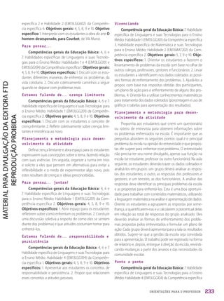 ORIENTAÇÕES PARA O PROFESSOR
específica 2 e Habilidade 2 (EM13LGG602) da Competên-
cia específica 6. Objetivos gerais: 4, 5, 8, 9 e 10. Objetivo
específico: 1. Interpretar com os estudantes a obra de arte O
homem desesperado, para Courbet, de Vik Muniz.
Para pensar...
Competências gerais da Educação Básica: 4, 6 e
7. Habilidades específicas de Linguagens e suas Tecnolo-
gias para o Ensino Médio: Habilidades 1 e 4 (EM13LGG101 e
EM13LGG104) da Competência específica 1. Objetivos gerais:
4, 5, 8, 9 e 10. Objetivos específicos: 1. Discutir com os estu-
dantes diferentes maneiras de enfrentar os problemas da
vida cotidiana. 2. Discutir coletivamente caminhos a seguir
quando se deparar com problemas reais.
Estamos falando de... crença limitante
Competências gerais da Educação Básica: 4, 6 e 7.
Habilidade específica de Linguagens e suas Tecnologias para
o Ensino Médio: Habilidade 1 (EM13LGG201) da Competên-
cia específica 2. Objetivos gerais: 4, 5, 8, 9 e 10. Objetivos
específicos: 1. Discutir com os estudantes o conceito de
crença limitante. 2. Refletir coletivamente sobre crenças limi-
tantes e resistência ao novo.
Planejamento e metodologia para desen-
volvimento da atividade
Defina crença limitante e abra espaço para os estudantes
expressarem suas concepções sobre o tema, fazendo relação
com suas vivências. Em seguida, organize a turma em trios
e solicite a eles que pensem em alternativas para evitar a
inflexibilidade e o medo de experimentar algo novo, pois
estes resultam de crenças e ideias preconcebidas.
Para pensar... juntos!
Competências gerais da Educação Básica: 4, 6 e
7. Habilidade específica de Linguagens e suas Tecnologias
para o Ensino Médio: Habilidade 1 (EM13LGG201) da Com-
petência específica 2. Objetivos gerais: 4, 5, 8, 9 e 10.
Objetivos específicos: 1. Abrir espaço para os estudantes
refletirem sobre como enfrentam os problemas. 2. Conduzir
uma discussão coletiva a respeito de como eles se sentem
diante dos problemas e que atitudes costumam tomar para
enfrentá-los.
Estamos falando de... responsabilidade e
persistência
Competências gerais da Educação Básica: 4, 6 e 7.
Habilidade específica de Linguagens e suas Tecnologias para
o Ensino Médio: Habilidade 4 (EM13LGG104) da Competên-
cia específica 1. Objetivos gerais: 4, 5, 8, 9 e 10. Objetivos
específicos: 1. Apresentar aos estudantes os conceitos de
responsabilidade e persistência. 2. Propor que relacionem
esses conceitos a atitudes pessoais.
Vivenciando
Competência geral da Educação Básica: 7. Habilidade
específica de Linguagens e suas Tecnologias para o Ensino
Médio: Habilidade 1 (EM13LGG301) da Competência específica
3. Habilidade específica de Matemática e suas Tecnologias
para o Ensino Médio: Habilidade 2 (EM13MAT202) da Com-
petência específica 2. Objetivos gerais: 5, 7, 9 e 10. Obje-
tivos específicos: 1. Orientar os estudantes a fazerem o
levantamento de problemas da escola com base no olhar de
outros colegas, professores, gestores e funcionários. 2. Levar
os estudantes a identificarem nos dados coletados as possí-
veis formas de enfrentamento dos problemas. 3. Ajudá-los a
propor, com base nas respostas obtidas dos participantes,
um plano de ação para o enfrentamento de alguns dos pro-
blemas. 4. Orientá-los a utilizar conhecimentos matemáticos
para tratamento dos dados coletados (porcentagem e uso de
gráficos e tabelas para apresentação dos resultados).
Planejamento e metodologia para desen-
volvimento da atividade
Proponha aos estudantes que criem um questionário
ou roteiro de entrevista para obterem informações sobre
os problemas enfrentados na escola. É importante que as
perguntas abordem os seguintes pontos: qual é o principal
problema da escola na opinião do entrevistado e que propos-
tas ele sugere para enfrentar esse problema. O entrevistado
não precisa ter seu nome divulgado, apenas sua função na
escola (se estudante, professor ou outro funcionário). Na aula
seguinte, os estudantes deverão trazer os dados coletados e
analisá-los em grupos: um grupo deverá analisar as respos-
tas dos estudantes; o outro, as respostas dos professores e
gestores; e um terceiro, as dos funcionários. A análise das
respostas deve identificar os principais problemas da escola
e as propostas para enfrentá-los. Esta é uma boa oportuni-
dade para trabalhar com conteúdos matemáticos, utilizando
a linguagem matemática na análise e apresentação de dados.
Oriente os estudantes a agruparem as respostas por seme-
lhança, a quantificarem-nas e a calcularem o porcentual delas
em relação ao total de respostas do grupo analisado. Eles
deverão analisar as formas de enfrentamento dos proble-
mas propostas pelos entrevistados e formular um plano de
ação. Cada grupo deverá apresentar para a sala os resultados
obtidos. Sugere-se que a gestão da escola seja convidada
para a apresentação. O trabalho pode ser registrado na forma
de relatório e, depois, entregue à direção da escola, reivindi-
cando mudanças a partir dos anseios e das necessidades da
comunidade escolar.
Ponto a ponto
Competência geral da Educação Básica: 7. Habilidade
específica de Linguagens e suas Tecnologias para o Ensino
Médio: Habilidade 4 (EM13LGG104) da Competência específica
233
PDF2_Obra nova_PNLD21_ESPECIFICA_U1-227-236.indd 233 2/28/20 7:43 PM
 