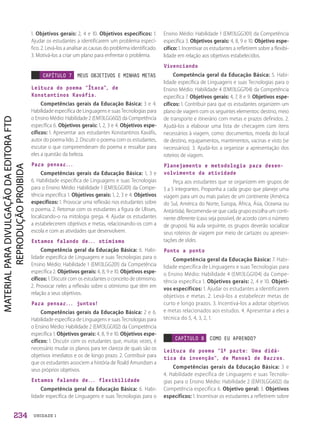 UNIDADE 1
1. Objetivos gerais: 2, 4 e 10. Objetivos específicos: 1.
Ajudar os estudantes a identificarem um problema especí-
fico. 2. Levá-los a analisar as causas do problema identificado.
3. Motivá-los a criar um plano para enfrentar o problema.
CAPÍTULO 7 MEUS OBJETIVOS E MINHAS METAS
Leitura do poema “Ítaca”, de
Konstantinos Kaváfis.
Competências gerais da Educação Básica: 3 e 4.
Habilidade específica de Linguagens e suas Tecnologias para
o Ensino Médio: Habilidade 2 (EM13LGG602) da Competência
específica 6. Objetivos gerais: 1, 2, 3 e 4. Objetivos espe-
cíficos: 1. Apresentar aos estudantes Konstantinos Kaváfis,
autor do poema lido. 2. Discutir o poema com os estudantes,
escutar o que compreenderam do poema e ressaltar para
eles a questão da beleza.
Para pensar...
Competências gerais da Educação Básica: 1, 3 e
6. Habilidade específica de Linguagens e suas Tecnologias
para o Ensino Médio: Habilidade 1 (EM13LGG101) da Compe-
tência específica 1. Objetivos gerais: 1, 2, 3 e 4. Objetivos
específicos: 1. Provocar uma reflexão nos estudantes sobre
o poema. 2. Retomar com os estudantes a figura de Ulisses,
localizando-o na mitologia grega. 4. Ajudar os estudantes
a estabelecerem objetivos e metas, relacionando-os com a
escola e com as atividades que desenvolvem.
Estamos falando de... otimismo
Competência geral da Educação Básica: 6. Habi-
lidade específica de Linguagens e suas Tecnologias para o
Ensino Médio: Habilidade 1 (EM13LGG201) da Competência
específica 2. Objetivos gerais: 4, 8, 9 e 10. Objetivos espe-
cíficos: 1. Discutir com os estudantes o conceito de otimismo.
2. Provocar neles a reflexão sobre o otimismo que têm em
relação a seus objetivos.
Para pensar... juntos!
Competências gerais da Educação Básica: 2 e 6.
Habilidade específica de Linguagens e suas Tecnologias para
o Ensino Médio: Habilidade 2 (EM13LGG102) da Competência
específica 1. Objetivos gerais: 4, 8, 9 e 10. Objetivos espe-
cíficos: 1. Discutir com os estudantes que, muitas vezes, é
necessário mudar os planos para ter clareza de quais são os
objetivos imediatos e os de longo prazo. 2. Contribuir para
que os estudantes associem a história de Roald Amundsen a
seus próprios objetivos.
Estamos falando de... flexibilidade
Competência geral da Educação Básica: 6. Habi-
lidade específica de Linguagens e suas Tecnologias para o
Ensino Médio: Habilidade 1 (EM13LGG301) da Competência
específica 3. Objetivos gerais: 4, 8, 9 e 10. Objetivo espe-
cífico: 1. Incentivar os estudantes a refletirem sobre a flexibi-
lidade em relação aos objetivos estabelecidos.
Vivenciando
Competência geral da Educação Básica: 5. Habi-
lidade específica de Linguagens e suas Tecnologias para o
Ensino Médio: Habilidade 4 (EM13LGG704) da Competência
específica 7. Objetivos gerais: 4, 7, 8 e 9. Objetivos espe-
cíficos: 1. Contribuir para que os estudantes organizem um
plano de viagem com os seguintes elementos: destino, meio
de transporte e itinerário com metas e prazos definidos. 2.
Ajudá-los a elaborar uma lista de checagem com itens
necessários à viagem, como: documentos, moeda do local
de destino, equipamentos, mantimentos, vacinas e visto (se
necessários). 3. Ajudá-los a organizar a apresentação dos
roteiros de viagem.
Planejamento e metodologia para desen-
volvimento da atividade
Peça aos estudantes que se organizem em grupos de
3 a 5 integrantes. Proponha a cada grupo que planeje uma
viagem para um ou mais países de um continente (América
do Sul, América do Norte, Europa, África, Ásia, Oceania ou
Antártida). Recomenda-se que cada grupo escolha um conti-
nente diferente (caso seja possível, de acordo com o número
de grupos). Na aula seguinte, os grupos deverão socializar
seus roteiros de viagem por meio de cartazes ou apresen-
tações de slides.
Ponto a ponto
Competência geral da Educação Básica: 7. Habi-
lidade específica de Linguagens e suas Tecnologias para
o Ensino Médio: Habilidade 4 (EM13LGG104) da Compe-
tência específica 1. Objetivos gerais: 2, 4 e 10. Objeti-
vos específicos: 1. Ajudar os estudantes a identificarem
objetivos e metas. 2. Levá-los a estabelecer metas de
curto e longo prazos. 3. Incentivá-los a adotar objetivos
e metas relacionados aos estudos. 4. Apresentar a eles a
técnica do 5, 4, 3, 2, 1.
CAPÍTULO 8 COMO EU APRENDO?
Leitura do poema “1ª parte: Uma didá-
tica da invenção”, de Manoel de Barros.
Competências gerais da Educação Básica: 3 e
4. Habilidade específica de Linguagens e suas Tecnolo-
gias para o Ensino Médio: Habilidade 2 (EM13LGG602) da
Competência específica 6. Objetivo geral: 3. Objetivos
específicos: 1. Incentivar os estudantes a refletirem sobre
234
PDF2_Obra nova_PNLD21_ESPECIFICA_U1-227-236.indd 234 2/28/20 7:43 PM
 