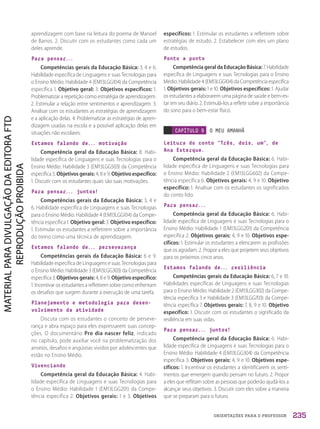 ORIENTAÇÕES PARA O PROFESSOR
aprendizagem com base na leitura do poema de Manoel
de Barros. 2. Discutir com os estudantes como cada um
deles aprende.
Para pensar...
Competências gerais da Educação Básica: 3, 4 e 6.
Habilidade específica de Linguagens e suas Tecnologias para
o Ensino Médio: Habilidade 4 (EM13LGG104) da Competência
específica 1. Objetivo geral: 3. Objetivos específicos: 1.
Problematizar a repetição como estratégia de aprendizagem.
2. Estimular a relação entre sentimentos e aprendizagem. 3.
Analisar com os estudantes as estratégias de aprendizagem
e a aplicação delas. 4. Problematizar as estratégias de apren-
dizagem usadas na escola e a possível aplicação delas em
situações não escolares.
Estamos falando de... motivação
Competência geral da Educação Básica: 8. Habi-
lidade específica de Linguagens e suas Tecnologias para o
Ensino Médio: Habilidade 3 (EM13LGG503) da Competência
específica 5. Objetivos gerais: 4, 8 e 9. Objetivo específico:
1. Discutir com os estudantes quais são suas motivações.
Para pensar... juntos!
Competências gerais da Educação Básica: 3, 4 e
6. Habilidade específica de Linguagens e suas Tecnologias
para o Ensino Médio: Habilidade 4 (EM13LGG104) da Compe-
tência específica 1. Objetivo geral: 3. Objetivo específico:
1. Estimular os estudantes a refletirem sobre a importância
do treino como uma técnica de aprendizagem.
Estamos falando de... perseverança
Competências gerais da Educação Básica: 6 e 9.
Habilidade específica de Linguagens e suas Tecnologias para
o Ensino Médio: Habilidade 3 (EM13LGG303) da Competência
específica 3. Objetivos gerais: 4, 8 e 9. Objetivo específico:
1. Incentivar os estudantes a refletirem sobre como enfrentam
os desafios que surgem durante a execução de uma tarefa.
Planejamento e metodologia para desen-
volvimento da atividade
Discuta com os estudantes o conceito de perseve-
rança e abra espaço para eles expressarem suas concep-
ções. O documentário Pro dia nascer feliz, indicado
no capítulo, pode auxiliar você na problematização dos
anseios, desafios e angústias vividos por adolescentes que
estão no Ensino Médio.
Vivenciando
Competência geral da Educação Básica: 4. Habi-
lidade específica de Linguagens e suas Tecnologias para
o Ensino Médio: Habilidade 1 (EM13LGG201) da Compe-
tência específica 2. Objetivos gerais: 1 e 3. Objetivos
específicos: 1. Estimular os estudantes a refletirem sobre
estratégias de estudo. 2. Estabelecer com eles um plano
de estudos.
Ponto a ponto
Competência geral da Educação Básica: 7. Habilidade
específica de Linguagens e suas Tecnologias para o Ensino
Médio: Habilidade 4 (EM13LGG104) da Competência específica
1. Objetivos gerais: 1 e 10. Objetivos específicos: 1. Ajudar
os estudantes a elaborarem uma página de saúde e bem-es-
tar em seu diário. 2. Estimulá-los a refletir sobre a importância
do sono para o bem-estar físico.
CAPÍTULO 9 O MEU AMANHÃ
Leitura do conto “Três, dois, um”, de
Ana Esterque.
Competência geral da Educação Básica: 6. Habi-
lidade específica de Linguagens e suas Tecnologias para
o Ensino Médio: Habilidade 2 (EM13LGG602) da Compe-
tência específica 6. Objetivos gerais: 4, 9 e 10. Objetivo
específico: 1. Analisar com os estudantes os significados
do conto lido.
Para pensar...
Competência geral da Educação Básica: 6. Habi-
lidade específica de Linguagens e suas Tecnologias para o
Ensino Médio: Habilidade 1 (EM13LGG201) da Competência
específica 2. Objetivos gerais: 4, 9 e 10. Objetivos espe-
cíficos: 1. Estimular os estudantes a elencarem as profissões
que os agradam. 2. Propor a eles que projetem seus objetivos
para os próximos cinco anos.
Estamos falando de... resiliência
Competências gerais da Educação Básica: 6, 7 e 10.
Habilidades específicas de Linguagens e suas Tecnologias
para o Ensino Médio: Habilidade 2 (EM13LGG302) da Compe-
tência específica 3 e Habilidade 3 (EM13LGG703) da Compe-
tência específica 7. Objetivos gerais: 7, 8, 9 e 10. Objetivo
específico: 1. Discutir com os estudantes o significado da
resiliência em suas vidas.
Para pensar... juntos!
Competência geral da Educação Básica: 6. Habi-
lidade específica de Linguagens e suas Tecnologias para o
Ensino Médio: Habilidade 4 (EM13LGG304) da Competência
específica 3. Objetivos gerais: 4, 9 e 10. Objetivos espe-
cíficos: 1. Incentivar os estudantes a identificarem os senti-
mentos que emergem quando pensam no futuro. 2. Propor
a eles que reflitam sobre as pessoas que poderão ajudá-los a
alcançar seus objetivos. 3. Discutir com eles sobre a maneira
que se preparam para o futuro.
235
PDF2_Obra nova_PNLD21_ESPECIFICA_U1-227-236.indd 235 2/28/20 7:43 PM
 