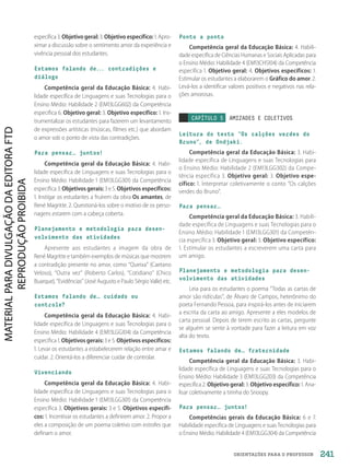 ORIENTAÇÕES PARA O PROFESSOR
específica 3. Objetivo geral: 3. Objetivo específico: 1. Apro-
ximar a discussão sobre o sentimento amor da experiência e
vivência pessoal dos estudantes.
Estamos falando de... contradições e
diálogo
Competência geral da Educação Básica: 4. Habi-
lidade específica de Linguagens e suas Tecnologias para o
Ensino Médio: Habilidade 2 (EM13LGG602) da Competência
específica 6. Objetivo geral: 3. Objetivo específico: 1. Ins-
trumentalizar os estudantes para fazerem um levantamento
de expressões artísticas (músicas, filmes etc.) que abordam
o amor sob o ponto de vista das contradições.
Para pensar… juntos!
Competência geral da Educação Básica: 4. Habi-
lidade específica de Linguagens e suas Tecnologias para o
Ensino Médio: Habilidade 1 (EM13LGG301) da Competência
específica 3. Objetivos gerais: 3 e 5. Objetivos específicos:
1. Instigar os estudantes a fruírem da obra Os amantes, de
René Magritte. 2. Questioná-los sobre o motivo de os perso-
nagens estarem com a cabeça coberta.
Planejamento e metodologia para desen-
volvimento das atividades
Apresente aos estudantes a imagem da obra de
René Magritte e também exemplos de músicas que mostrem
a contradição presente no amor, como “Queixa” (Caetano
Veloso), “Outra vez” (Roberto Carlos), “Cotidiano” (Chico
Buarque), “Evidências” (José Augusto e Paulo Sérgio Valle) etc.
Estamos falando de… cuidado ou
controle?
Competência geral da Educação Básica: 4. Habi-
lidade específica de Linguagens e suas Tecnologias para o
Ensino Médio: Habilidade 4 (EM13LGG104) da Competência
específica 1. Objetivos gerais: 3 e 5. Objetivos específicos:
1. Levar os estudantes a estabelecerem relação entre amar e
cuidar. 2. Orientá-los a diferenciar cuidar de controlar.
Vivenciando
Competência geral da Educação Básica: 4. Habi-
lidade específica de Linguagens e suas Tecnologias para o
Ensino Médio: Habilidade 1 (EM13LGG301) da Competência
específica 3. Objetivos gerais: 3 e 5. Objetivos específi-
cos: 1. Incentivar os estudantes a definirem amor. 2. Propor a
eles a composição de um poema coletivo com estrofes que
definam o amor.
Ponto a ponto
Competência geral da Educação Básica: 4. Habili-
dade específica de Ciências Humanas e Sociais Aplicadas para
o Ensino Médio: Habilidade 4 (EM13CHS104) da Competência
específica 1. Objetivo geral: 4. Objetivos específicos: 1.
Estimular os estudantes a elaborarem o Gráfico do amor. 2.
Levá-los a identificar valores positivos e negativos nas rela-
ções amorosas.
CAPÍTULO 5 AMIZADES E COLETIVOS
Leitura do texto “Os calções verdes do
Bruno”, de Ondjaki.
Competência geral da Educação Básica: 3. Habi-
lidade específica de Linguagens e suas Tecnologias para
o Ensino Médio: Habilidade 2 (EM13LGG302) da Compe-
tência específica 3. Objetivo geral: 3. Objetivo espe-
cífico: 1. Interpretar coletivamente o conto “Os calções
verdes do Bruno”.
Para pensar…
Competência geral da Educação Básica: 3. Habili-
dade específica de Linguagens e suas Tecnologias para o
Ensino Médio: Habilidade 1 (EM13LGG301) da Competên-
cia específica 3. Objetivo geral: 3. Objetivo específico:
1. Estimular os estudantes a escreverem uma carta para
um amigo.
Planejamento e metodologia para desen-
volvimento das atividades
Leia para os estudantes o poema “Todas as cartas de
amor são ridículas”, de Álvaro de Campos, heterônimo do
poeta Fernando Pessoa, para inspirá-los antes de iniciarem
a escrita da carta ao amigo. Apresente a eles modelos de
carta pessoal. Depois de terem escrito as cartas, pergunte
se alguém se sente à vontade para fazer a leitura em voz
alta do texto.
Estamos falando de… fraternidade
Competência geral da Educação Básica: 3. Habi-
lidade específica de Linguagens e suas Tecnologias para o
Ensino Médio: Habilidade 3 (EM13LGG203) da Competência
específica 2. Objetivo geral: 3. Objetivo específico: 1. Ana-
lisar coletivamente a tirinha do Snoopy.
Para pensar… juntos!
Competências gerais da Educação Básica: 6 e 7.
Habilidade específica de Linguagens e suas Tecnologias para
o Ensino Médio: Habilidade 4 (EM13LGG304) da Competência
241
PDF2_Obra nova_PNLD21_ESPECIFICA_U2-237-246.indd 241 2/28/20 7:43 PM
 