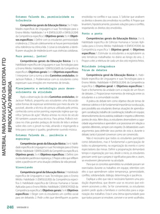 UNIDADE 2
Estamos falando de… permissividade ou
tolerância
Competências gerais da Educação Básica: 3 e 7. Habi-
lidades específicas de Linguagens e suas Tecnologias para o
Ensino Médio: Habilidades 1 e 4 (EM13LGG301 e EM13LGG304)
da Competência específica 3. Objetivos gerais: 3 e 4. Objeti-
vos específicos: 1. Definir com os estudantes permissividade
e tolerância. 2. Discutir coletivamente se houve permissividade
e/ou tolerância na crônica lida. 3. Levar os estudantes a identi-
ficarem situações de intolerância em suas vivências cotidianas.
Para pensar… juntos!
Competências gerais da Educação Básica: 3 e 6.
Habilidade específica de Linguagens e suas Tecnologias para
o Ensino Médio: Habilidade 1 (EM13LGG601) da Competência
específica 6. Objetivos gerais: 3 e 4. Objetivos específicos:
1. Interpretar com a turma a obra Caminhos ondulados, de
Jackson Pollock. 2. Problematizar com os estudantes como
expressam suas emoções em momentos de tensão.
Planejamento e metodologia para desen-
volvimento da atividade
Após a observação da obra Caminhos ondulados, de
Jackson Pollock, proponha aos estudantes uma discussão
sobre formas de expressar sentimentos por meio da arte. Se
possível, aborde a técnica de pintura utilizada pelo artista,
conhecida como action painting, expressão inglesa que sig-
nifica “pintura de ação”. Muitos artistas no início do século
XX também usavam essa técnica. Para pintar, Pollock esti-
cava no chão grandes pedaços de tecido de tela e andava
sobre eles com o pincel na mão, atirando e respingando a
tinta para compor o quadro, geralmente ouvindo música.
Estamos falando de... paciência e
esperança
CompetênciasgeraisdaEducaçãoBásica: 3 e 6. Habili-
dadeespecíficadeLinguagensesuasTecnologiasparaoEnsino
Médio: Habilidade 1 (EM13LGG601) da Competência específica 6.
Objetivos gerais: 3 e 4. Objetivos específicos: 1. Definir com
osestudantespaciênciaeesperança.2.Proporaelesquereflitam
sobre a paciência em uma situação cotidiana da vida pessoal.
Vivenciando
Competência geral da Educação Básica: 7. Habilidade
específica de Linguagens e suas Tecnologias para o Ensino
Médio: Habilidade 3 (EM13LGG303) da Competência especí-
fica 3. Habilidade específica de Ciências Humanas e Sociais
Aplicadas para o Ensino Médio: Habilidade 2 (EM13CHS502) da
Competência específica 5. Objetivos gerais: 1 e 4. Objetivos
específicos: 1. Eleger com os estudantes um conflito social
para ser debatido. 2. Pedir a eles que identifiquem as partes
envolvidas no conflito e sua causa. 3. Solicitar que analisem
os direitos e deveres dos envolvidos no conflito. 4. Propor que
levantem, hipoteticamente, possíveis soluções para o conflito,
respeitando os direitos dos envolvidos.
Ponto a ponto
Competências gerais da Educação Básica: 3 e 6.
Habilidade específica de Ciências Humanas e Sociais Apli-
cadas para o Ensino Médio: Habilidade 4 (EM13CHS104) da
Competência específica 1. Objetivo geral: 4. Objetivos
específicos: 1. Estimular os estudantes a recapitularem as
oito temáticas trabalhadas no diário ao longo do ano. 2.
Propor a eles a releitura de cada um dos oito registros feitos.
Atividade integradora
Fórum de debates
Competência geral da Educação Básica: 6. Habi-
lidade específica de Linguagens e suas Tecnologias para o
Ensino Médio: Habilidade 4 (EM13LGG304) da Competência
específica 3. Objetivo geral: 4. Objetivos específicos: 1.
Fazer o fechamento da unidade com a criação de um fórum
de debates. 2. Proporcionar momentos de interação entre os
estudantes e a comunidade escolar.
A prática do debate tem como objetivo discutir temas de
interessecoletivoeédefundamentalimportâncianaeducação,
pois possibilita aos estudantes diversas situações de aprendiza-
gem:socialização;trabalhodecoordenação;trabalhoemequipe;
desenvolvimentodaescutatória;oralidadeerespeitoadiferentes
pontosdevista.Alémdisso,osestudantesdesenvolvemacapa-
cidade argumentativa e aprendem a se posicionar em relação a
opiniõesdiferentes,semprecomrespeito.Osdebatedoresusam
argumentos para defender seus pontos de vista e, durante o
debate, tanto é possível convencer como ser convencido.
Não é necessário que todos os estudantes participem
como debatedores, mas é fundamental a participação de
todos no planejamento, na organização do evento e como
espectadores das mesas. Definir a programação demandará
tempo e organização; por isso, desde o início, os estudantes
precisam sentir que o projeto é significativo para eles e, assim,
se envolverem plenamente na atividade.
Para que os conceitos aprendidos na unidade possam ser
exercitados durante os trabalhos em equipe, relembre com
eles o que aprenderam sobre temperança, generosidade,
conflito, solidariedade, diálogo, determinação e paciência.
Explique a eles que não é necessário fazerem uma pro-
dução dispendiosa, que devem usar os recursos que esti-
verem acessíveis a eles. Se for conveniente, os estudantes
podem pedir ajuda a familiares e conhecidos para a orga-
nização dos trabalhos. Esta é uma ótima oportunidade para
que todos possam se envolver, conviver e se sentir acolhidos.
246
PDF2_Obra nova_PNLD21_ESPECIFICA_U2-237-246.indd 246 2/28/20 7:43 PM
 