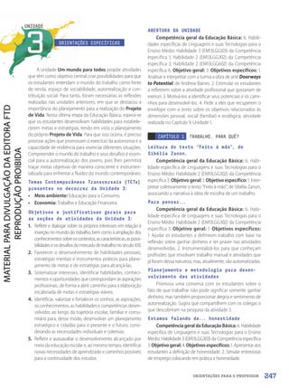 ORIENTAÇÕES PARA O PROFESSOR
3
UNIDADE
ORIENTAÇÕES ESPECÍFICAS
A unidade Um mundo para todos propõe atividades
que têm como objetivo central criar possibilidades para que
os estudantes entendam o mundo do trabalho como fonte
de renda, espaço de sociabilidade, autorrealização e con-
tribuição social. Para tanto, foram necessárias as reflexões
realizadas nas unidades anteriores, em que se destacou a
importância do planejamento para a realização do Projeto
de Vida. Nesta última etapa da Educação Básica, espera-se
que os estudantes desenvolvam habilidades para estabele-
cerem metas e estratégias, tendo em vista o planejamento
do próprio Projeto de Vida. Para que isso ocorra, é preciso
priorizar ações que promovam o exercício da autonomia e a
capacidade de resiliência para vivenciar diferentes situações.
Compreender o mundo do trabalho e seus desafios é essen-
cial para a autorrealização dos jovens, pois lhes permitirá
traçar metas objetivas de maneira consciente e instrumen-
talizada para enfrentar a fluidez do mundo contemporâneo.
Temas Contemporâneos Transversais (TCTs)
presentes no decorrer da Unidade 3:
• Meio ambiente: Educação para o Consumo.
• Economia: Trabalho e Educação Financeira.
Objetivos e justificativas gerais para
as seções de atividades da Unidade 3:
1. Refletir e dialogar sobre os próprios interesses em relação à
inserção no mundo do trabalho, bem como à ampliação dos
conhecimentossobreoscontextos,ascaracterísticas,aspossi-
bilidadeseosdesafiosdomercadodetrabalhonoséculoXXI.
2. Favorecer o desenvolvimento de habilidades pessoais,
estratégias mentais e instrumentos práticos para plane-
jamento de metas e de estratégias para alcançá-las.
3. Sistematizar interesses, identificar habilidades, conheci-
mentos e oportunidades que correspondam às aspirações
profissionais, de forma a abrir caminho para a elaboração
escalonada de metas e estratégias viáveis.
4. Identificar, valorizar e fortalecer os sonhos, as aspirações,
os conhecimentos, as habilidades e competências desen-
volvidos ao longo da trajetória escolar, familiar e comu-
nitária para, desse modo, desenvolver um planejamento
estratégico e cidadão para o presente e o futuro, consi-
derando as necessidades individuais e coletivas.
5. Refletir e autoavaliar o desenvolvimento alcançado por
meio da educação escolar e, ao mesmo tempo, identificar
novas necessidades de aprendizado e caminhos possíveis
para a continuidade dos estudos.
ABERTURA DA UNIDADE
Competência geral da Educação Básica: 6. Habili-
dades específicas de Linguagens e suas Tecnologias para o
Ensino Médio: Habilidade 3 (EM13LGG103) da Competência
específica 1; Habilidade 2 (EM13LGG302) da Competência
específica 3; Habilidade 2 (EM13LGG602) da Competência
específica 6. Objetivo geral: 3. Objetivos específicos: 1.
Analisar e interpretar com a turma a obra de arte Doorways
to Potential, de Andrew Baines. 2. Estimular os estudantes
a refletirem sobre a atividade profissional que gostariam de
exercer. 3. Motivá-los a identificar seus potenciais e os cami-
nhos para desenvolvê-los. 4. Pedir a eles que recuperem o
envelope com o texto sobre os objetivos relacionados às
dimensões pessoal, social (familiar) e ecológica, atividade
realizada no Capítulo 9, Unidade 1.
CAPÍTULO 1 TRABALHO, PARA QUÊ?
Leitura do texto “Feito à mão”, de
Sibélia Zanon.
Competência geral da Educação Básica: 6. Habi-
lidade específica de Linguagens e suas Tecnologias para o
Ensino Médio: Habilidade 2 (EM13LGG302) da Competência
específica 3. Objetivo geral: 1. Objetivo específico: 1. Inter-
pretar coletivamente o texto “Feito à mão”, de Sibélia Zanon,
associando a narrativa à ideia de escolha de um trabalho.
Para pensar...
Competência geral da Educação Básica: 6. Habi-
lidade específica de Linguagens e suas Tecnologias para o
Ensino Médio: Habilidade 2 (EM13LGG302) da Competência
específica 3. Objetivo geral: 1. Objetivos específicos:
1. Ajudar os estudantes a definirem trabalho com base na
reflexão sobre ganhar dinheiro e ter prazer nas atividades
desenvolvidas. 2. Instrumentalizá-los para que conheçam
profissões que envolvam trabalho manual e atividades que
já foram dessa natureza, mas, atualmente, são automatizadas.
Planejamento e metodologia para desen-
volvimento das atividades
Promova uma conversa com os estudantes sobre o
fato de que trabalhar não pode significar somente ganhar
dinheiro, mas também proporcionar alegria e sentimento de
autorrealização. Sugira que compartilhem com os colegas o
que descobriram na pesquisa da atividade 3.
Estamos falando de... honestidade
Competência geral da Educação Básica: 6. Habilidade
específica de Linguagens e suas Tecnologias para o Ensino
Médio: Habilidade 3 (EM13LGG303) da Competência específica
3. Objetivogeral: 4. Objetivosespecíficos: 1. Apresentar aos
estudantes a definição de honestidade. 2. Simular entrevistas
de emprego colocando em prática a honestidade.
247
PDF2_Obra nova_PNLD21_ESPECIFICA_U3-247-256.indd 247 2/28/20 7:44 PM
 