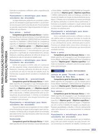 ORIENTAÇÕES PARA O PROFESSOR
Estimular os estudantes a refletirem sobre a importância da
experimentação.
Planejamento e metodologia para desen-
volvimento das atividades
Se julgar interessante, proponha aos estudantes a realiza-
ção de uma atividade na qual experimentem o uso de diver-
sos recursos para criarem uma obra de arte. Procure perceber
se, para eles, experimentar é algo enriquecedor em todos os
âmbitos de seus afazeres.
Para pensar... juntos!
Competência geral da Educação Básica: 6. Habilida-
des específicas de Ciências Humanas e Sociais Aplicadas para
o Ensino Médio: Habilidade 1 (EM13CHS401) da Competência
específica 4; Habilidade 2 (EM13CHS402) da Competência
específica 4; Habilidade 3 (EM13CHS403) da Competência
específica 4. Objetivos gerais: 1 e 3. Objetivos especí-
ficos: 1. Estimular os estudantes a conhecerem o conceito
de empreendedorismo. 2. Instrumentalizá-los para que
pesquisem o significado de: empreendedorismo; startups;
freelancers; coworking; aplicativos de oferta de serviços e as
profissões em alta no mercado de trabalho atual.
Planejamento e metodologia para desen-
volvimento das atividades
Forme seis grupos e oriente cada um a pesquisar
um dos seguintes temas: empreendedorismo; startups;
freelancers; coworking; aplicativos de oferta de serviços e
as profissões em alta no mercado de trabalho atual. Ao
final da aula, os grupos devem socializar os resultados das
pesquisas.
Estamos falando de... procrastinação
Competência geral da Educação Básica: 4. Habili-
dade específica de Linguagens e suas Tecnologias para o
Ensino Médio: Habilidade 3 (EM13LGG603) da Competência
específica 6. Objetivos gerais: 2 e 3. Objetivos específi-
cos: 1. Discutir o conceito de procrastinação e sua relação
com a vida escolar. 2. Refletir coletivamente sobre as con-
sequências da procrastinação. 3. Orientar os estudantes
a redigirem e encenarem uma situação humorística que
represente a procrastinação.
Planejamento e metodologia para desen-
volvimento das atividades
Peça aos estudantes que se organizem em trios e redijam
cenas humorísticas nas quais os personagens sejam procras-
tinadores. Ao final da aula, as situações devem ser encenadas
para toda a turma. Caso seja necessário, utilize mais uma aula
para as apresentações.
Vivenciando
Competência geral da Educação Básica: 4. Habili-
dade específica de Ciências Humanas e Sociais Aplicadas para
o Ensino Médio: Habilidade 4 (EM13CHS404) da Competên-
cia específica 4. Objetivo geral: 1. Objetivos específicos:
1. Refletir coletivamente sobre as mudanças ocorridas no
mundo do trabalho em função do desenvolvimento tecno-
lógico. 2. Debater com os estudantes os motivos da extinção
de algumas profissões e o destino desses profissionais. 3.
Estimular os estudantes a analisarem o atual contexto social
e a formularem hipóteses sobre as profissões que deixarão
de existir nos próximos anos.
Planejamento e metodologia para desen-
volvimento das atividades
Inicie a atividade promovendo a reflexão e a discus-
são coletiva sobre as mudanças ocorridas no mundo do
trabalho, acarretadas pelo desenvolvimento tecnológico,
e suas consequências sociais, sobretudo para os jovens.
Promova um debate sobre como seria a reinserção no
mercado de trabalho de profissionais que desenvolviam
atividades extintas.
Ponto a ponto
Competência geral da Educação Básica: 4. Habi-
lidade específica de Linguagens e suas Tecnologias para o
Ensino Médio: Habilidade 1 (EM13LGG101) da Competência
específica 1. Objetivo geral: 3. Objetivo específico: 1. Esti-
mular os estudantes a utilizarem uma técnica que ajuda a
evitar a procrastinação.
CAPÍTULO 7 RELAÇÕES PROFISSIONAIS
Leitura do poema “Tecendo a manhã”, de
João Cabral de Melo Neto.
Competência geral da Educação Básica: 6. Habi-
lidade específica de Linguagens e suas Tecnologias para o
Ensino Médio: Habilidade 2 (EM13LGG602) da Competência
específica 6. Objetivo geral: 1. Objetivo específico: 1. Inter-
pretar coletivamente o poema “Tecendo a manhã”.
Para pensar...
Competência geral da Educação Básica: 6. Habi-
lidade específica de Linguagens e suas Tecnologias para o
Ensino Médio: Habilidade 3 (EM13LGG303) da Competência
específica 3. Objetivo geral: 1. Objetivos específicos: 1.
Relacionar o poema ao trabalho em equipe. 2. Problemati-
zar com a turma o trabalho em equipe e as relações pro-
fissionais: possibilidades e desafios. 3. Discutir coletivamente
sobre como deveriam ser os relacionamentos no ambiente
de trabalho.
Planejamento e metodologia para desen-
volvimento das atividades
Caso existam, na turma, estudantes que já trabalham,
peça a eles que contem situações nas quais ouviram críti-
cas construtivas no ambiente de trabalho. Contribua com
253
PDF2_Obra nova_PNLD21_ESPECIFICA_U3-247-256.indd 253 2/28/20 7:44 PM
 