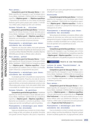 ORIENTAÇÕES PARA O PROFESSOR
Para pensar...
Competência geral da Educação Básica: 6. Habi-
lidade específica de Linguagens e suas Tecnologias para o
Ensino Médio: Habilidade 2 (EM13LGG302) da Competência
específica 3. Objetivos gerais: 1 e 2. Objetivos específicos:
1. Apresentar aos estudantes os cinco verbos da educação
financeira: ganhar, gastar, poupar, doar e perder. 2. Estimulá-
-los a refletir sobre a relação que têm com o dinheiro.
Estamos falando de... altruísmo
Competência geral da Educação Básica: 7. Habilidade
específica de Ciências Humanas e Sociais Aplicadas para o
Ensino Médio: Habilidade 1 (EM13CHS501) da Competência
específica 5. Objetivo geral: 2. Objetivos específicos: 1.
Apresentar aos estudantes o conceito de altruísmo. 2. Esti-
mulá-los a buscar exemplos de pessoas altruístas.
Planejamento e metodologia para desen-
volvimento das atividades
Proponha uma discussão coletiva. Você pode apresentar
aosestudantesexemplosdetrajetóriasdevidadepessoascomo
osul-africanoNelsonMandela(1918-2013)eabrasileiraZildaArns
(1934-2010), para estimular as reflexões sobre o altruísmo.
Para pensar… juntos!
Competência geral da Educação Básica: 7. Habili-
dade específica de Ciências Humanas e Sociais para o Ensino
Médio: Habilidade 3 (EM13CHS303) da Competência especí-
fica 3. Objetivo geral: 2. Objetivo específico: 1. Propor
aos estudantes que analisem como as mídias e as amizades
podem influenciar o comportamento dos jovens.
Planejamento e metodologia para desen-
volvimento das atividades
As atividades permitem uma análise do comportamento
financeiro dos estudantes. Proponha uma roda de conversa
na qual eles contem como se comportam em relação ao
gasto de dinheiro, se são levados pela pressão social ou se são
influenciados pelos amigos. Assim, eles podem refletir sobre
a necessidade de mudarem algo em seus comportamentos.
Estamos falando... de gentileza
Competência geral da Educação Básica: 7. Habilidade
específica de Ciências Humanas e Sociais Aplicadas para o
Ensino Médio: Habilidade 1 (EM13CHS501) da Competência
específica 5. Objetivo geral: 2. Objetivos específicos: 1.
Apresentar aos estudantes o conceito de gentileza. 2. Abrir
espaço para que eles exemplifiquem ações de gentileza.
Planejamento e metodologia para desen-
volvimento das atividades
Sugira aos estudantes que se sentem em círculo e digam
para o colega ao lado uma palavra de gentileza, formando
uma grande corrente. Pergunte a eles qual é a importância
de ser gentil com o outro, principalmente na sociedade indi-
vidualista em que vivemos.
Vivenciando
Competência geral da Educação Básica: 7. Habilidade
específica de Linguagens e suas Tecnologias para o Ensino
Médio: Habilidade 1 (EM13LGG101) da Competência especí-
fica 1. Objetivo geral: 2. Objetivo específico: 1. Auxiliar os
estudantes a fazerem um planejamento financeiro para a
realização de um sonho.
Planejamento e metodologia para desen-
volvimento das atividades
Nesta proposta de atividade, os estudantes refletem sobre
maneiras de concretizar seus sonhos por meio de controle e
planejamento de gastos. Se julgar pertinente, as duplas podem
socializar o resultado da atividade com os colegas, como uma
forma de aprender com as experiências do outro.
Ponto a ponto
Competência geral da Educação Básica: 6. Habilidade
específica de Linguagens e suas Tecnologias para o Ensino
Médio: Habilidade 1 (EM13LGG101) da Competência específica
1. Objetivogeral: 2. Objetivoespecífico: 1. Estimular os estu-
dantes a elaborarem uma planilha de gastos em seus diários.
CAPÍTULO 9 PROJETO DE VIDA PROFISSIONAL
Leitura do poema “Possibilidades”, de
Wisława Szymborska.
Competência geral da Educação Básica: 6. Habi-
lidade específica de Linguagens e suas Tecnologias para o
Ensino Médio: Habilidade 4 (EM13LGG304) da Competência
específica 3. Objetivos gerais: 2 e 4. Objetivo específico:
1. Ler e interpretar coletivamente o poema “Possibilidades”,
de Wisława Szymborska.
Para pensar...
Competência geral da Educação Básica: 6. Habi-
lidade específica de Linguagens e suas Tecnologias para o
Ensino Médio: Habilidade 4 (EM13LGG304) da Competência
específica 3. Objetivos gerais: 2 e 4. Objetivos específicos:
1. Discutir coletivamente os componentes de um Projeto de
Vida Profissional. 2. Criar oportunidade para que os estu-
dantes reflitam sobre suas preferências individuais. 3. Esti-
mulá-los a refletir sobre as expectativas de outras pessoas e
sobre o Projeto de Vida Profissional deles.
Planejamento e metodologia para desen-
volvimento das atividades
Caso os estudantes se sintam à vontade, peça que leiam
para os colegas suas listas de preferências. Pergunte o porquê
de terem escolhido aqueles itens. Se julgar pertinente, solicite
255
PDF2_Obra nova_PNLD21_ESPECIFICA_U3-247-256.indd 255 2/28/20 7:44 PM
 