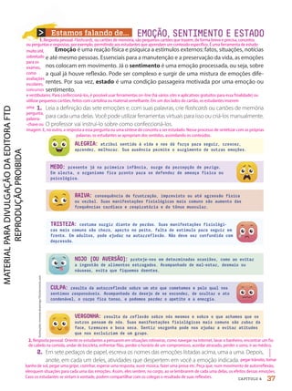 Estamos falando de...
Emoção é uma reação física e psíquica a estímulos externos: fatos, situações, notícias
e até mesmo pessoas. Essenciais para a manutenção e a preservação da vida, as emoções
nos colocam em movimento. Já o sentimento é uma emoção processada, ou seja, sobre
a qual já houve reflexão. Pode ser complexo e surgir de uma mistura de emoções dife-
rentes. Por sua vez, estado é uma condição passageira motivada por uma emoção ou
sentimento.
2. Em sete pedaços de papel, escreva os nomes das emoções listadas acima, uma a uma. Depois,
anote, em cada um deles, atividades que despertem em você a emoção indicada.
ALEGRIA: atribui sentido à vida e nos dá força para seguir, crescer,
aprender, melhorar. Sua ausência permite o surgimento de outras emoções.
RAIVA: consequência de frustração, imprevisto ou até agressão física
ou verbal. Suas manifestações fisiológicas mais comuns são aumento das
frequências cardíaca e respiratória e do tônus muscular.
NOJO (OU AVERSÃO)
: proteje-nos em determinadas ocasiões, como ao evitar
a ingestão de alimentos estragados. Acompanhado de mal-estar, desmaio ou
náuseas, evita que fiquemos doentes.
VERGONHA: resulta da reflexão sobre nós mesmos e sobre o que achamos que os
outros pensam de nós. Suas manifestações fisiológicas mais comuns são rubor da
face, tremores e boca seca. Sentir vergonha pode nos ajudar a evitar atitudes
que nos excluiriam de um grupo.
MEDO: presente já na primeira infância, surge da percepção de perigo.
Em alerta, o organismo fica pronto para se defender de ameaça física ou
psicológica.
TRISTEZA: costuma surgir diante de perdas. Suas manifestações fisiológi-
cas mais comuns são choro, aperto no peito, falta de estímulo para seguir em
frente. Em adultos, pode ajudar na autorreflexão. Não deve ser confundida com
depressão.
CULPA: resulta da autorreflexão sobre um ato que cometemos e pelo qual nos
sentimos responsáveis. Acompanhada do desejo de se esconder, de ocultar o ato
condenável, o corpo fica tenso, e podemos perder o apetite e a energia.
EMOÇÃO,SENTIMENTO E ESTADO
1. Leia a definição das sete emoções e, com suas palavras, crie flashcards ou cartões de memória
para cada uma delas. Você pode utilizar ferramentas virtuais para isso ou criá-los manualmente.
O professor vai instruí-lo sobre como confeccioná-los.
Ilustrações:
insemar.drawings/Shutterstock.com
37
CAPÍTULO 4
2. Resposta pessoal. Oriente os estudantes a pensarem em situações rotineiras, como navegar na internet, lavar o banheiro, encontrar um fio
de cabelo na comida, andar de bicicleta, enfrentar filas, perder o horário de um compromisso, acordar atrasado, perder o sono, ir ao médico,
pegar trânsito, tomar
banho de sol, pegar uma gripe, cozinhar, esperar uma resposta, ouvir música, fazer uma prova etc. Peça que, num movimento de autorreflexão,
elenquem situações para cada uma das emoções. Assim, eles sentem, no corpo, ao se lembrarem de cada uma delas, os efeitos dessas emoções.
Caso os estudantes se sintam à vontade, podem compartilhar com os colegas o resultado de suas reflexões.
1. Resposta pessoal. Flashcards, ou cartões de memória, são pequenos cartões que trazem, de forma breve e precisa, conceitos
ou perguntas e respostas, por exemplo, permitindo aos estudantes que aprendam um conteúdo específico. É uma ferramenta de estudo
muito útil,
sobretudo
para os
exames,
como
avaliações
escolares,
concursos
e vestibulares. Para confeccioná-los, é possível usar ferramentas on-line (há vários sites e aplicativos gratuitos para essa finalidade) ou
utilizar pequenos cartões, feitos com cartolina ou material semelhante. Em um dos lados do cartão, os estudantes inserem
uma
pergunta,
palavra-
-chave ou
imagem. E, no outro, a resposta a essa pergunta ou uma síntese do conceito a ser estudado. Nesse processo de sintetizar com as próprias
palavras, os estudantes se apropriam dos sentidos, assimilando os conteúdos.
PDF-PRO-6047-UN1-C4-34-41-LA-PNLD21.indd 37 2/20/20 3:45 PM
 