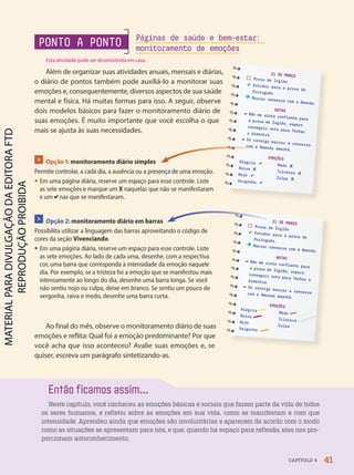 Então ficamos assim...
Neste capítulo, você conheceu as emoções básicas e sociais que fazem parte da vida de todos
os seres humanos, e refletiu sobre as emoções em sua vida, como se manifestam e com que
intensidade. Aprendeu ainda que emoções são involuntárias e aparecem de acordo com o modo
como as situações se apresentam para nós, e que, quando há espaço para reflexão, elas nos pro-
porcionam autoconhecimento.
21 DE MARÇO
Prova de Inglês
Estudar para a prova de
Português.
Marcar conversa com a Amanda.
NOTAS
– Não me sinto confiante para
a prova de Inglês; espero
conseguir nota para fechar
o bimestre.
– Só consigo marcar a conversa
com a Amanda amanhã.
EMOÇÕES
Alegria  Medo x
Raiva x Tristeza x
Nojo  Culpa x
Vergonha 
21 DE MARÇO
Prova de Inglês
Estudar para a prova de
Português.
Marcar conversa com a Amanda.
NOTAS
– Não me sinto confiante para
a prova de Inglês; espero
conseguir nota para fechar o
bimestre.
– Só consigo marcar a conversa
com a Amanda amanhã.
EMOÇÕES
Alegria Medo
Raiva
Tristeza
Nojo
Culpa
Vergonha
com a Amanda amanhã.
PONTO A PONTO
 Opção 1: monitoramento diário simples
Permite controlar, a cada dia, a ausência ou a presença de uma emoção.
• Em uma página diária, reserve um espaço para esse controle. Liste
as sete emoções e marque um X naquelas que não se manifestaram
e um nas que se manifestaram.
 Opção 2: monitoramento diário em barras
Possibilita utilizar a linguagem das barras aproveitando o código de
cores da seção Vivenciando.
• Em uma página diária, reserve um espaço para esse controle. Liste
as sete emoções. Ao lado de cada uma, desenhe, com a respectiva
cor, uma barra que corresponda à intensidade da emoção naquele
dia. Por exemplo, se a tristeza foi a emoção que se manifestou mais
intensamente ao longo do dia, desenhe uma barra longa. Se você
não sentiu nojo ou culpa, deixe em branco. Se sentiu um pouco de
vergonha, raiva e medo, desenhe uma barra curta.
Além de organizar suas atividades anuais, mensais e diárias,
o diário de pontos também pode auxiliá-lo a monitorar suas
emoções e, consequentemente, diversos aspectos de sua saúde
mental e física. Há muitas formas para isso. A seguir, observe
dois modelos básicos para fazer o monitoramento diário de
suas emoções. É muito importante que você escolha o que
mais se ajusta às suas necessidades.
Ao final do mês, observe o monitoramento diário de suas
emoções e reflita: Qual foi a emoção predominante? Por que
você acha que isso aconteceu? Avalie suas emoções e, se
quiser, escreva um parágrafo sintetizando-as.
Páginas de saúde e bem-estar:
monitoramento de emoções
41
CAPÍTULO 4
Esta atividade pode ser desenvolvida em casa.
PDF-PRO-6047-UN1-C4-34-41-LA-PNLD21.indd 41 2/20/20 3:46 PM
 