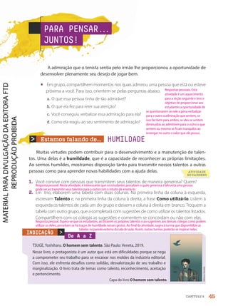 Estamos falando de...
De A a Z
TSUGE, Yoshiharu. O homem sem talento. São Paulo: Veneta, 2019.
Nesse livro, o protagonista é um autor que está em dificuldades porque se nega
a comprometer seu trabalho para se encaixar nos moldes da indústria editorial.
Com isso, ele enfrenta desafios como solidão, desvalorização de seu trabalho e
marginalização. O livro trata de temas como talento, reconhecimento, aceitação
e pertencimento.
Editora
Veneta

INDICAÇÃO
Capa do livro O homem sem talento.
ATIVIDADE
NO CADERNO
PARA PENSAR.
.
.
JUNTOS!
A admiração que o tenista sentia pelo irmão lhe proporcionou a oportunidade de
desenvolver plenamente seu desejo de jogar bem.
• Em grupo, compartilhem momentos nos quais admirou uma pessoa que está ou esteve
próxima a você. Para isso, orientem-se pelas perguntas abaixo.
a. O que essa pessoa tinha de tão admirável?
b. O que ela fez para reter sua atenção?
c. Você conseguiu verbalizar essa admiração para ela?
d. Como ela reagiu ao seu sentimento de admiração?
Muitas virtudes podem contribuir para o desenvolvimento e a manutenção de talen-
tos. Uma delas é a humildade, que é a capacidade de reconhecer as próprias limitações.
Ao sermos humildes, mostramos disposição tanto para transmitir nossos talentos a outras
pessoas como para aprender novas habilidades com a ajuda delas.
1. Você convive com pessoas que transmitem seus talentos de maneira generosa? Quem?
2. Em trio, elaborem uma tabela com duas colunas. Na primeira linha da coluna à esquerda,
escrevam Talento e, na primeira linha da coluna à direita, a frase Como utilizá-lo. Listem à
esquerda os talentos de cada um do grupo e deixem a coluna à direita em branco. Troquem a
tabela com outro grupo, que a completará com sugestões de como utilizar os talentos listados.
Compartilhem com os colegas as sugestões e comentem se concordam ou não com elas.
HUMILDADE
45
CAPÍTULO 5
Respostas pessoais. Esta
atividade é um aquecimento
para a seção seguinte e tem o
objetivo de proporcionar aos
estudantes a oportunidade de
se questionarem se vale a pena verbalizar
para o outro a admiração que sentem, se
isso faz bem para ambos, se eles se sentem
diminuídos ao admitirem para o outro o que
sentem ou mesmo se ficam tranquilos ao
enxergar no outro o valor que ele possui.
Resposta pessoal. Nesta atividade, é interessante que os estudantes percebam o quão generosa e altruísta uma pessoa
pode ser ao transmitir seus talentos para o outro com o intuito de ensiná-lo.
Resposta pessoal. Espera-se que os estudantes, ao listarem os próprios talentos e ao sugerirem aos demais colegas como podem
utilizar os deles, percebam se há traços de humildade nesses gestos. Ao final da atividade, sugira à turma que disponibilize as
tabelas na parede externa da sala de aula. Assim, outras turmas poderão se inspirar nelas.
PDF-PRO-6047-UN1-C5-42-47-LA-PNLD21.indd 45 20/02/20 11:42
 
