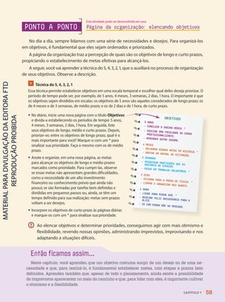 Então ficamos assim...
Neste capítulo, você aprendeu que um objetivo costuma surgir de um desejo ou de uma ne-
cessidade e que, para realizá-lo, é fundamental estabelecer metas, com etapas e prazos bem
definidos. Aprendeu também que, apesar de todo o planejamento, ainda existe a possibilidade
de imprevistos aparecerem no meio do caminho e que, para lidar com eles, é importante cultivar
o otimismo e a flexibilidade.
OBJETIVOS
5 ANOS
- CONCLUIR O ENSINO MÉDIO. *
- INICIAR UMA FACULDADE OU CURSO
PROFISSIONALIZANTE.
- APRENDER OUTRO IDIOMA.
4 MESES
- MELHORAR MINHAS NOTAS EM HISTÓRIA. *
- ADOTAR UM ANIMAL DE ESTIMAÇÃO.
3 SEMANAS
- PESQUISAR PROFISSÕES QUE EU
GOSTARIA DE EXERCER.
- FAZER UM TRABALHO VOLUNTÁRIO. *
2 DIAS
- ESTUDAR PARA A PROVA DE FÍSICA. *
- LIMPAR E ORGANIZAR MEU QUARTO.
1 HORA
- LIGAR PARA MINHA AVÓ. *
- DESEJAR FELIZ ANIVERSÁRIO PARA A
ALICE.
- IR COM MINHA MÃE AO MERCADO.
! Ao elencar objetivos e determinar prioridades, conseguimos agir com mais otimismo e
flexibilidade, revendo nossas opiniões, administrando imprevistos, improvisando e nos
adaptando a situações difíceis.
 Técnica do 5, 4, 3, 2, 1
Essa técnica permite estabelecer objetivos em uma escala temporal e escolher qual deles deseja priorizar. O
período de tempo pode ser, por exemplo, de 5 anos, 4 meses, 3 semanas, 2 dias, 1 hora. O importante é que
os objetivos sejam divididos em escalas: os objetivos de 5 anos são aqueles considerados de longo prazo; os
de 4 meses e de 3 semanas, de médio prazo; e os de 2 dias e de 1 hora, de curto prazo.
PONTO A PONTO
No dia a dia, sempre lidamos com uma série de necessidades e desejos. Para organizá-los
em objetivos, é fundamental que eles sejam ordenados e priorizados.
A página da organização traz a percepção de quais são os objetivos de longo e curto prazos,
propiciando o estabelecimento de metas efetivas para alcançá-los.
A seguir, você vai aprender a técnica do 5, 4, 3, 2, 1, que o auxiliará no processo de organização
de seus objetivos. Observe a descrição.
Página da organização: elencando objetivos
• No diário, inicie uma nova página com o título Objetivos
e divida-a estabelecendo os períodos de tempo: 5 anos,
4 meses, 3 semanas, 2 dias, 1 hora. Em seguida, liste
seus objetivos de longo, médio e curto prazos. Depois,
priorize-os: entre os objetivos de longo prazo, qual é o
mais importante para você? Marque-o com um * para
sinalizar sua prioridade. Faça o mesmo com os de médio
prazo.
• Anote e organize, em uma nova página, as metas
para alcançar os objetivos de longo e médio prazos
marcados como prioridade. Para cumpri-las, observe
se essas metas não apresentam grandes dificuldades,
como a necessidade de um alto investimento
financeiro ou conhecimento prévio que ainda não
possui; se são formadas por tarefas bem definidas e
divididas em pequenos passos ou, ainda, se têm um
tempo definido para sua realização: metas sem prazos
voltam a ser desejos.
• Incorpore os objetivos de curto prazo às páginas diárias
e marque-os com um * para sinalizar sua prioridade.
59
CAPÍTULO 7
Esta atividade pode ser desenvolvida em casa.
PDF-PRO-6047-UN1-C7-54-59-LA-PNLD21.indd 59 20/02/20 12:54
 