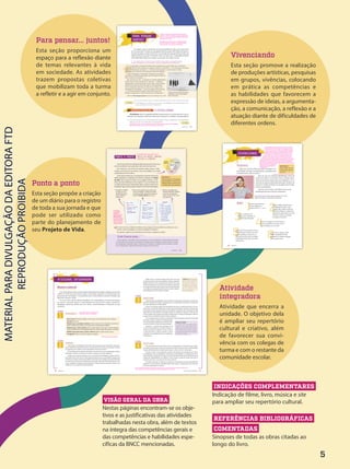 INDICAÇÕES COMPLEMENTARES
Indicação de filme, livro, música e site
para ampliar seu repertório cultural.
VISÃO GERAL DA OBRA
Nestas páginas encontram-se os obje-
tivos e as justificativas das atividades
trabalhadas nesta obra, além de textos
na íntegra das competências gerais e
das competências e habilidades espe-
cíficas da BNCC mencionadas.
Para pensar... juntos!
Esta seção proporciona um
espaço para a reflexão diante
de temas relevantes à vida
em sociedade. As atividades
trazem propostas coletivas
que mobilizam toda a turma
a refletir e a agir em conjunto.
Vivenciando
Esta seção promove a realização
de produções artísticas, pesquisas
em grupos, vivências, colocando
em prática as competências e
as habilidades que favorecem a
expressão de ideias, a argumenta-
ção, a comunicação, a reflexão e a
atuação diante de dificuldades de
diferentes ordens.
Ponto a ponto
Esta seção propõe a criação
de um diário para o registro
de toda a sua jornada e que
pode ser utilizado como
parte do planejamento de
seu Projeto de Vida.
Atividade
integradora
Atividade que encerra a
unidade. O objetivo dela
é ampliar seu repertório
cultural e criativo, além
de favorecer sua convi-
vência com os colegas de
turma e com o restante da
comunidade escolar.
REFERÊNCIAS BIBLIOGRÁFICAS
COMENTADAS
Sinopses de todas as obras citadas ao
longo do livro.
Estamos falando de...
Flexibilidade refere-se à agilidade aplicada ao pensamento e ao comportamento. É neces-
sária para rever posições, administrar imprevistos, improvisar e se adaptar a situações difíceis.
• Caso perceba que não é possível realizar seu desejo no prazo estabelecido, você teria flexibi-
lidade para rever suas expectativas e planejamento?
Um objetivo, para ser alcançado, precisa de planejamento. Mas o que fazer diante
de um imprevisto? A história do norueguês Roald Amundsen (1872-1928), que liderou a
primeira expedição a chegar ao Polo Sul, é um exemplo de superação de imprevistos. Seu
objetivo inicial era alcançar o Polo Norte. Porém, ao saber que o estadunidense Robert
Peary (1856-1920) acabara de completar essa façanha, ele mudou sua rota.
• Em dupla, leiam um trecho dessa história e respondam às perguntas abaixo.
a. Amundsen decidiu mudar seu objetivo, alterando sua rota. O que o motivou a fazer isso?
b. Ao estabelecer um objetivo, vocês preveem a possibilidade de ele ser alterado por situ-
ações que fogem do controle? Expliquem.
[…] O comandante norueguês finalizava seus preparativos quando soube que o almirante
americano Robert Peary acabara de conseguir alcançar o Polo Norte […]. Foi então que Amundsen
mudou secretamente seus planos. […] Anunciou que invertera a rota. Dali para a frente,
seguiriam para o Polo Sul, para alcançá-lo antes dos ingleses.
Todos os homens de Amundsen o seguiram com grande
entusiasmo, motivados pelo desafio que ele soubera incutir de
forma realista na tripulação. […]
Em novembro de 1911, a expedição do capitão inglês Robert
Falcon Scott já havia partido para o Polo Sul […]. Exaustos,
desfigurados, já muito próximos do polo, Scott e seus homens
encontraram traços na neve. Em meio a uma tempestade,
viram a bandeira da Noruega ao lado de uma tenda, com a
mensagem de Amundsen — que por lá passara 35 dias antes
[…]. Os homens de Scott fizeram a foto dessa tenda e da
bandeira, registrando a vitória histórica dos noruegueses […].
KLINK, Amyr. Não há tempo a perder. Rio de Janeiro: Tordesilhas, 2016. p. 99-103.
PARA PENSAR.
.
.
JUNTOS!
FLEXIBILIDADE
Tripulação de Scott diante da bandeira
da Noruega, em 1911, evidenciando o
feito de Amundsen.
ATIVIDADE
NO CADERNO
De
Agostini
Picture/Getty
Images
b.
ATIVIDADE
NO CADERNO
57
CAPÍTULO 7
Ressalte aos estudantes que o trecho destacado foi contado pelo navegador brasileiro Amyr Klink (1955-).
a. Embora o objetivo inicial de Amundsen fosse alcançar o
Polo Norte, ao saber da chegada do almirante estadunidense
Robert Peary ao destino antes dele, Amundsen decide ir, antes
dos ingleses, até o Polo Sul.
b. Resposta pessoal. Espera-se que os estudantes reflitam
sobre como lidam com os objetivos e o planejamento para
alcançá-los, bem como se preveem contratempos.
Resposta pessoal. Espera-se que os estudantes comecem a refletir sobre a importância de ter flexibilidade
para reajustar seus planos ao se deparar com contratempos ou imprevistos.
Ao pensarmos sobre a própria origem, percebemo-nos como
sujeitos que integram a construção da vida familiar.
VIVENCIANDO
Proposta
Agora que você já se debruçou sobre sua origem e his-
tória familiar, vai testar suas descobertas, conhecimentos e
reconhecimentos sobre si mesmo.
Você vai criar um cartão de identificação, como um
crachá, com todos os seus dados: nome completo, data e
local de nascimento, espaço para uma fotografia 3 × 4 e o
nome de um grupo ao qual sente fazer parte. Também vai
escrever no cartão uma frase ou uma palavra que comple-
mente sua identidade.
Ao final, você vai fazer uma análise do seu nome,
identificando de que modo ele o representa.
MATERIAIS
Papel sulfite; tesoura;
caneta; lápis; lápis de
cor; cola.
Ação!
1 2
3
4
5 6
ShotPrime
Studio/Shutterstock.com
Quem
sou eu?
Circule entre os colegas o cartão
criado e compartilhe com eles,
brevemente, as reflexões realizadas
sobre o próprio nome.
Reflita acerca do seu primeiro nome: as
razões pelas quais recebeu esse nome;
quem o escolheu e por que o fez; se
gosta dessa escolha; qual é sua origem
e significado; de que modo seu nome o
representa etc.
Pense em uma palavra ou uma frase que o
ajude a se autodefinir e escreva-a em um
lugar de destaque em seu cartão.
Ilustre o cartão com uma
imagem que o represente, no
local destinado à fotografia.
Escreva os dados necessários para
a configuração do cartão: nome
completo, data, cidade e estado de
nascimento, filiação etc. Evidencie de
qual grupo faz parte; pode ser um que
remeta a um clube, a um esporte,
a um gênero musical etc.
Recorte o papel sulfite em
formato retangular, na
medida de 10,5 cm × 14 cm.
18 UNIDADE 1
Selecione o material necessário previamente.
Esta atividade tem por objetivo proporcionar um momento
de descontração entre os estudantes, de modo que, ouvindo
as histórias uns dos outros, tenham curiosidade de investigar
e pensar sobre suas origens. Caso algum estudante não saiba
responder às questões acerca da escolha do nome, sugira
que pergunte a seus familiares ou pessoas próximas, e assim
descobrir mais sobre si mesmo. É importante considerar que
alguns estudantes podem de fato não ter informações sobre sua
história; nesse caso, dê espaço também para a ficção: eles podem optar
pela busca da história que ainda virá, ou criar livremente uma narrativa
para dividir com o grupo. Outro ponto de atenção é a possibilidade de
alguns estudantes optarem pelo nome social. Se for esse o caso, conduza a
atividade de modo a não reproduzir
nenhum tipo de preconceito e/ou
constrangimento.
Então ficamos assim...
Neste capítulo, você refletiu sobre sua origem e a de seus familiares, relacionando esses dados
à construção de sua história e identidade. Também praticou empatia ao pensar sobre a situação
dos refugiados e aprendeu sobre o sentimento de orgulho e a diferença entre saudade e nostal-
gia, considerando a importância dessas emoções em sua história.
Lista de
afazeres Agenda
Diário
Diário de
pontos
• Complete a 1a
página
do diário com sua
identificação (nome,
turma, endereço,
telefone etc.).
• Reserve cinco páginas para o índice, que
você vai completar à medida que realizar
as tarefas do diário, propostas em todas as
seções do Ponto a ponto do seu livro.
• Reserve uma página para
desenhar diferentes símbolos
e escrever suas legendas.
Assim, você não corre o risco
de esquecê-los.
Nome: João
Turma: 1o B
Endereço: Rua dos
Laranjais, 52.
Telefone:
(79) 5001-0510
ÍNDICE
Símbolos.
.
.
.
.
.
.
.
.
.
.
Diário de pontos:
páginas iniciais e
símbolos.
.
.
.
.
.
.
.
.
.
.
.
.
Diário de pontos:
calendário pessoal.
.
Diário de pontos:
páginas diárias.....
SÍMBOLOS
Tarefa
 Tarefa concluída
x Tarefa cancelada
Tarefa remarcada
Tarefa adiantada
(realizada antes da
data prevista)
* Prioridade
! Importante
– Nota/Anotação
PONTO A PONTO
Você já ouviu falar no método de diário de pontos? Se não ouviu,
não tem problema. Você aprenderá tudo sobre ele neste livro.
Esse método é uma forma de organizar ideias, planos e infor-
mações, de acordo com seu tempo e suas necessidades. É um diário
sistematizado em três esferas.
Você criará um diário que o acompanhará no decorrer do Ensino
Médio, ajudando-o a organizar seus estudos e planejar seu Projeto
de Vida. Para começar seu diário, crie as páginas iniciais e os sím-
bolos que serão utilizados em seus registros. O uso de símbolos em
um diário permite que as informações sejam sucintas e fáceis de ser
localizadas. Siga os passos abaixo e observe como ficará cada página.
Diário de pontos: páginas
iniciais e símbolos
Ao criar um novo conteúdo no diário, não se esqueça de acrescentá-lo ao índice com o res-
pectivo número da página. E numere as páginas do caderno!
No próximo capítulo, você aprenderá como iniciar os registros no diário.
!
MATERIAIS
Caderno pequeno (ou 100 páginas,
aproximadamente, ao final do seu
caderno);canetas,sepossívelvárias
e coloridas; lápis; régua; calendário.
1
2
7
19
CAPÍTULO 1
Esta atividade pode ser desenvolvida em casa.
À medida que
o estudante for
realizando as
atividades da seção
Ponto a ponto,
eles devem voltar ao
índice para completá-
-lo com o nome da
tarefa e a numeração
da página do diário.
UNIDADE 1 ATIVIDADE INTEGRADORA
Criar obras artísticas para a mostra cultural individualmente e, depois, organizar uma mostra
coletiva é a tarefa que vocês devem realizar neste projeto, utilizando os conhecimentos que
desenvolveram na Unidade 1 e se preparando para o aprendizado da próxima Unidade, que
falará das interações sociais.
Em uma mostra cultural, talentos individuais são compartilhados com diversas pessoas.
Ao visitá-la, é possível apreciar a materialização dos processos de criação e perceber a
identidade cultural dos artistas, pois seus valores e particularidades se destacam em suas
produções.
Reflita sobre as respostas dadas pelo artista que você
entrevistou. Depois, some essa reflexão a todas as suas habi-
lidades artísticas e inicie a produção de sua obra. Assim que
terminar de produzi-la, escreva um texto sobre seu processo
de criação. No dia da mostra cultural, esse texto pode auxiliar
os curadores na apresentação da mostra e, ainda, ampliar a
interpretação de sua obra pelos visitantes.
3
ETAPA
Organização
Coletivamente compartilhem com o professor as produções, combinem o uso de equi-
pamentos (projetor de imagem, aparelho de som, computador) e determinem o espaço em
que será organizada a mostra cultural.
Façam uma votação e elejam três estudantes para fazer a curadoria da mostra. Os cura-
dores terão a função de: determinar a ordem das apresentações; organizar a maneira que
as produções serão expostas (deverá ser desenhada uma planta com a indicação de onde
cada obra será apresentada ou afixada); receber os visitantes e explicar, na abertura da
mostra cultural, que naquele local estão reunidas obras de diversas linguagens artísticas,
as quais foram escolhidas livremente pelos estudantes.
Com a orientação dos curadores, providenciem os elementos que comporão a decoração
do espaço. Depois, montem uma programação
com as produções, seguidas dos nomes dos artis-
tas e dos horários em que serão apresentadas.
Preparem o material de divulgação com
15 dias de antecedência. Produzam convites e
cartazes, impressos e digitais, em que constem
o nome da mostra, a data, o horário e o local.
Convidem a comunidade escolar e os artistas que
entrevistaram.
Planejamento
1
ETAPA Esta atividade poderá ser desenvolvida na
sala de aula, no pátio ou na biblioteca.
Data e local: Ao final da unidade, em dia e local a serem combinados com o professor.
Duração: Três horas.
Material para a produção artística: Caderno; lápis; caneta; computador; gravador de
áudio ou celular para registrar as entrevistas com os profissionais escolhidos.
Material para a obra artística: Lápis e papel (poema); tela, tintas e pincéis (pintura);
roupas e aparelho de som (coreografia); celular com câmera (vídeo documental ou ficcional).
Material necessário para a mostra cultural: Caderno; caneta; tesoura; mesas.
Divulgação: Cartazes e convites impressos ou digitais.
2
ETAPA
Produção
Este projeto será realizado em duas fases. Na primeira fase, que é individual, cada um de
vocês exercitará o autoconhecimento e se expressará por meio de uma produção artística.
Na segunda, que é coletiva, vocês organizarão uma mostra cultural.
Em qual destas áreas estão representados seus interesses e suas manifestações culturais
preferidos: no teatro, no cinema, na música, na dança ou nas artes plásticas?
Escolha uma expressão artística com a qual tenha mais afinidade e busque informa-
ções sobre ela em sites e livros. Visite espaços culturais de sua comunidade e marque uma
entrevista com algum artista que trabalhe na área que você escolheu. Essa entrevista deve
ter como foco o processo de criação do entrevistado. Além das informações gerais, como
nome completo e formação, faça perguntas ao artista sobre seu processo criativo, suas
influências e seus estudos de aprimoramento.
Papel do curador
O curador tem um papel impor-
tante em uma mostra cultural. Ele é
responsável pela seleção dos artistas
e das obras de arte, e pela maneira
como elas serão expostas no espaço
destinado à mostra.
ATIVIDADE INTEGRADORA
4
ETAPA
Finalização
Três horas antes do início da mostra, levem os equipamentos, os elementos que compo-
rão a decoração e todas as obras de arte ao local em que ocorrerá a mostra cultural. Sigam
a planta desenhada pelos curadores para dispor as obras de arte e a decoração.
Durante a mostra, com a ajuda dos curadores, apresentem suas produções aos visitan-
tes, expliquem como as idealizaram, quais foram as dificuldades e as alegrias que viven-
ciaram durante o processo de criação e o exercício de autoconhecimento que fizeram para
produzi-las. Disponibilizem um caderno e uma caneta na saída do evento para que os
visitantes escrevam o que acharam da mostra cultural.
Por último, marquem um dia para se reunirem e comentarem como foi a experiência de
organizar a mostra cultural e participar dela. Leiam juntos os depoimentos dos visitantes
da mostra registrados no caderno.
Todos esses materiais são sugestões.
Peça aos estudantes que falem dos pontos altos, o que deu certo e o que os surpreendeu, e também do que não deu
certo e precisou ser repensado ou improvisado durante a realização da mostra cultural.
Lembre-se: sua produção
artística deve expressar
seu mundo interior, as
emoções e os sentimen-
tos que você tem notado
em seu processo de
autoconhecimento.
Mostra cultural
73
72
5
PDF_INICIAIS_Obra novaPNLD_21.indd 5 2/27/20 4:50 PM
 