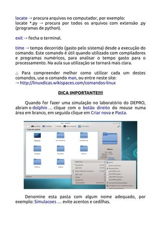 locate → procura arquivos no computador, por exemplo:
locate *.py → procura por todos os arquivos com extensão .py
(programas de python).

exit → fecha o terminal.

time → tempo decorrido (gasto pelo sistema) desde a execução do
comando. Este comando é útil quando utilizado com compiladores
e programas numéricos, para analisar o tempo gasto para o
processamento. Na aula sua utilização se tornará mais clara.

.:. Para compreender melhor como utilizar cada um destes
comandos, use o comando man, ou entre neste site:
→ http://linuxdicas.wikispaces.com/comandos-linux

                      DICA IMPORTANTE!!!!

     Quando for fazer uma simulação no laboratório do DEPRO,
abram o dolphin … clique com o botão direito do mouse numa
área em branco, em seguida clique em Criar nova e Pasta.




    Denomine esta pasta com algum nome adequado, por
exemplo: Simulacoes … evite acentos e cedilhas.
 