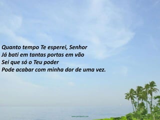 Quanto tempo Te esperei, Senhor
Já bati em tantas portas em vão
Sei que só o Teu poder
Pode acabar com minha dor de uma vez.
 