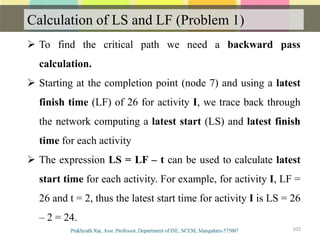 Calculation of LS and LF (Problem 1)
102
 To find the critical path we need a backward pass
calculation.
 Starting at the completion point (node 7) and using a latest
finish time (LF) of 26 for activity I, we trace back through
the network computing a latest start (LS) and latest finish
time for each activity
 The expression LS = LF – t can be used to calculate latest
start time for each activity. For example, for activity I, LF =
26 and t = 2, thus the latest start time for activity I is LS = 26
– 2 = 24.
 