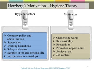 Herzberg’s Motivation – Hygiene Theory
Communication
23
 Company policy and
administration
 Supervision
 Working Conditions
 Salary and status
 Security in job and personal life
 Interpersonal relationships.
 Challenging works
 Responsibility
 Recognition
 Promotion opportunities
 Achievement
 Job content
Hygiene factors Motivators
 