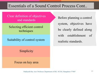 Essentials of a Sound Control Process Cont..
Clear definition of objectives and
standards
Suitability of control system
Selecting efficient control
techniques
Simplicity
Focus on key area
Before planning a control
system, objectives have
be clearly defined along
with establishment of
realistic standards.
Clear definition of objectives
and standards
65
 