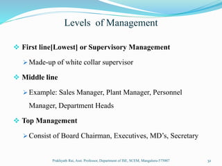 Levels of Management
 First line[Lowest] or Supervisory Management
 Made-up of white collar supervisor
 Middle line
 Example: Sales Manager, Plant Manager, Personnel
Manager, Department Heads
 Top Management
 Consist of Board Chairman, Executives, MD’s, Secretary
Prakhyath Rai, Asst. Professor, Department of ISE, SCEM, Mangaluru-575007 32
 