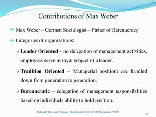 Contributions of Max Weber
 Max Weber – German Sociologist – Father of Bureaucracy
 Categories of organizations:
 Leader Oriented – no delegation of management activities,
employees serve as loyal subject of a leader.
 Tradition Oriented – Managerial positions are handled
down from generation to generation.
 Bureaucratic – delegation of management responsibilities
based on individuals ability to hold position.
Prakhyath Rai, Asst. Professor, Department of ISE, SCEM, Mangaluru-575007
59
 
