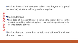 MarketDemand
Market: interaction between sellers and buyers of a good
(or service) at a mutually agreed upon price.
Market demand
Sum total of the quantities of a commodity that all buyers in the
market are willing to buy at a given price and at a particular point
of time (ceteris paribus)
Market demand curve: horizontal summation of individual
demand curves
13
 