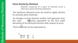 Point Elasticity Method
◦ Elasticity measured at a point of demand curve is
referred as point elasticity of demand.
For nonlinear demand curve we need to apply calculus
to calculate point elasticity.
As changes in price become smaller and approach zero,
the ratio becomes equivalent to the first order
derivative of the demand function with respect to price
Point elasticity can be expressed as:
ep = =
PdP
QdQ
/
/
dP
dQ
Q
P
.
dP
dQ
P
Q
∆
∆
MethodsofMeasuringElasticity
 