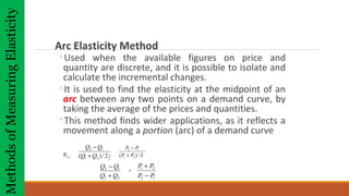 Arc Elasticity Method
◦Used when the available figures on price and
quantity are discrete, and it is possible to isolate and
calculate the incremental changes.
◦It is used to find the elasticity at the midpoint of an
arc between any two points on a demand curve, by
taking the average of the prices and quantities.
◦This method finds wider applications, as it reflects a
movement along a portion (arc) of a demand curve
ep= /
=
2/)( 21
12
QQ
QQ
+
−
2/)( 21
12
PP
PP
+
−
21
12
QQ
QQ
+
− .
12
21
PP
PP
−
+
MethodsofMeasuringElasticity
 