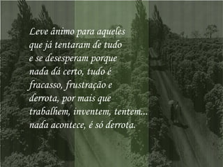 Leve ânimo para aqueles  que já tentaram de tudo  e se desesperam porque  nada dá certo, tudo é  fracasso, frustração e  derrota, por mais que  trabalhem, inventem, tentem...  nada acontece, é só derrota.   