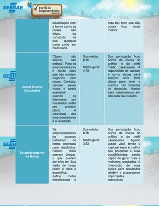 insatisfação com                    está tão bom que não
                  a forma como as                     possa    ficar ainda
                  coisas        são                   melhor.
                  feitas,        da
                  convicção      de
                  que      qualquer
                  coisa pode ser
                  melhorada.

                  “Quem         não    Sua média:     Sua pontuação ficou
                  arrisca       não    8,75           acima da média do
                  petisca”. Para os                   gráfico e do perfil
                  empreendedores       Média geral:   médio paranaense. A
                  é muito claro        4,75           capacidade de calcular
                  que não existem                     e correr riscos será
                  negócios      sem                   sempre      uma    forte
                  riscos. Contudo,                    aliada para levar a
                  calcular    esses                   acertos nas tomadas
 Correr Riscos
                  riscos é tarefa                     de decisões. Manter
  Calculados
                  essencial                           essa característica em
                  quando          os                  alta será seu desafio.
                  interesses     por
                  resultados estão
                  em        primeiro
                  plano.           A
                  prioridade     dos
                  empreendedores
                  é o resultado.

                  Os                   Sua média:     Sua pontuação ficou
                  empreendedores       8,75           acima da média do
                  de       sucesso                    gráfico e do perfil
                  trabalham      de    Média geral:   paranaense.     Agindo
                  forma orientada      3,92           assim você tende a
                  para resultados.                    explorar mais e melhor
                  Sabem        onde                   seu potencial e suas
Estabelecimento
                  querem chegar,                      possibilidades, sendo
    de Metas
                  o que querem                        capaz de gerar mais e
                  ser e/ou ter. Sua                   melhores resultados. A
                  visão de longo                      orientação de suas
                  prazo é clara e                     ações para resultados
                  específica,                         tendem a proporcionar
                  define      metas                   importantes
                  desafiadoras e                      conquistas.
 
