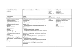 Colégio Estadual Dinah               Professor Antonio Carlos C Barroso                      Turno         Bibliografia
Gonçalves                                                                                    Série 8ª      Matemática
                                                                                             Ano           Editora FTD
                                                                                             Unidade IV    José Ruy bonjorno

 Planejamento                         Anual                                                  2011
Conteúdos                            Objetivos                                               Metodologias Avaliação
Relações trigonométricas no          Reconhecer funções representadas por tabelas, por       Aula         Através da participação do aluno
Triângulo retângulo                  fórmulas e por                                          Expositiva   Na resolução de exercícios
 Razões trigonométricas no           Gráficos;                                                            Freqüência
triângulo                            - Efetuar cálculos e interpretar resultados usando a                 Participação nos debates
Retângulo (seno, co-seno e           notação f(x);                                                        Teste
tangente).                           - Reconhecer funções representadas por tabelas, por                  Prova
. Tabelas de razões                  fórmulas e por                                                       Lista de exercícios
trigonométricas                      Gráficos;
Funções                              - Reconhecer uma função constante;
 A notação f(x)                      - Reconhecer o significado dos coeficientes da função
 Representação gráfica               y = ax + b.
 Construção e identificação do       Identificar e compreender os elementos de polígono
gráfico                              inscrito (raio,
de uma função                        Ângulo central, ângulo interno e apótema), e saber
Polígonos: Áreas - retângulas,       aplicar estes
Paralelogramo, triângulo, trapézio   Conhecimentos em problemas;
eo                                   - Determinar o comprimento, o diâmetro e o raio de
Losango.                             objetos
                                     Redondos, como: embalagens, latas, caixas e
                                     recipientes;
 