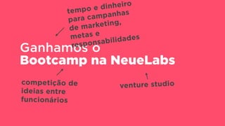 Ganhamos o 
Bootcamp na NeueLabs
venture studiocompetição de
ideias entre
funcionários
tempo e dinheiro
para campanhas
de marketing,
metas e
responsabilidades
 